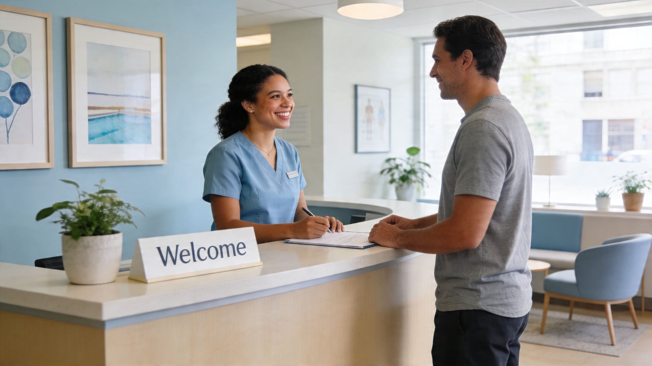A friendly receptionist in blue scrubs assists a patient at a modern medical office front desk.