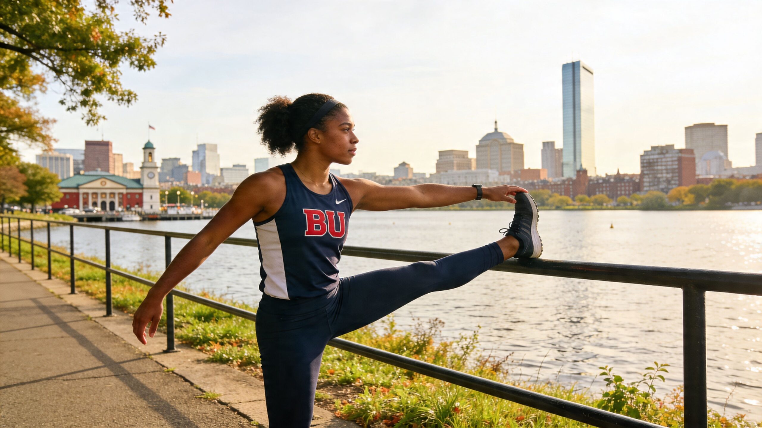 A female athlete in Boston University athletic gear performs a leg stretch along the Charles River esplanade.
