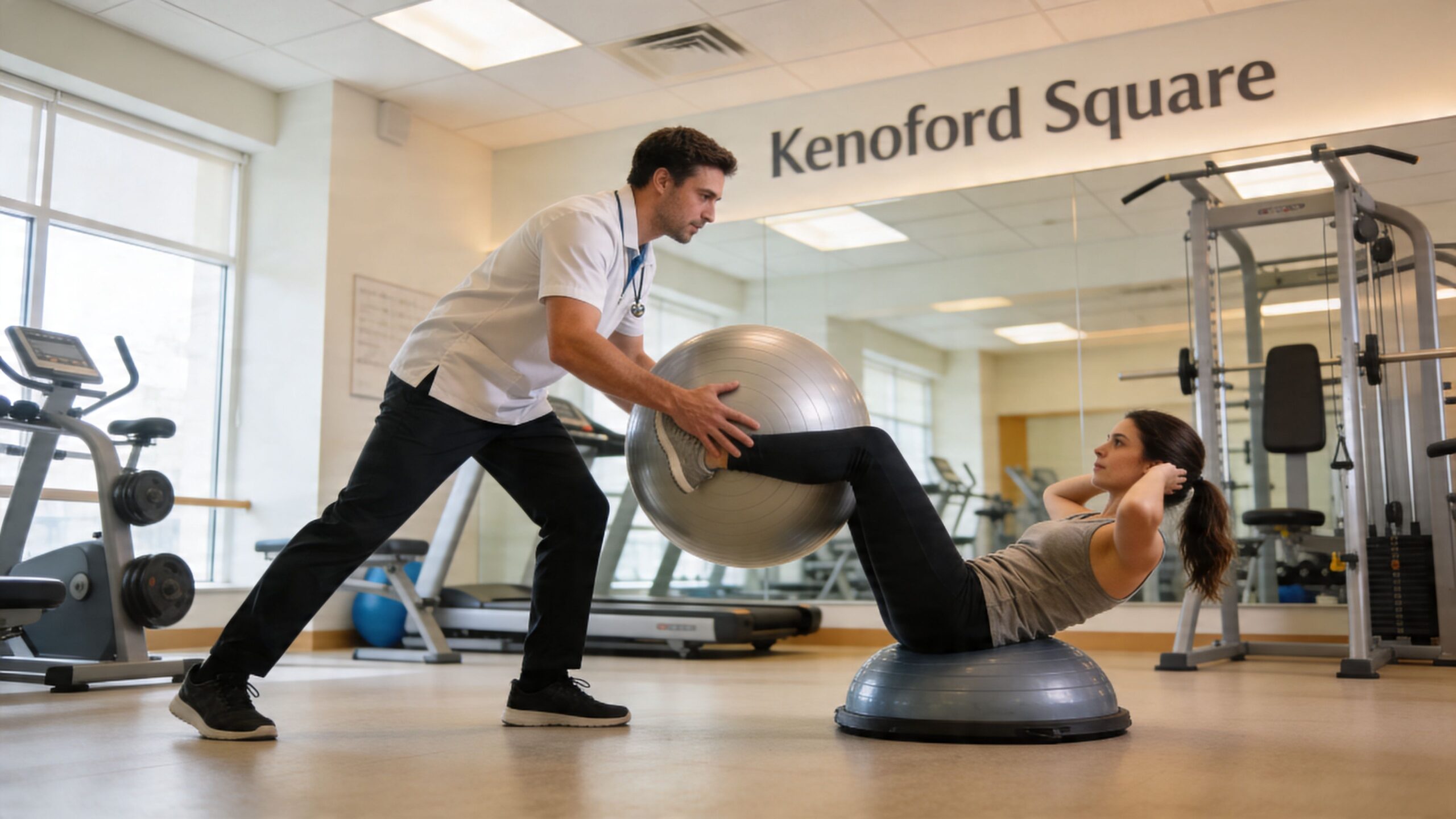 A physical therapist assists a female patient performing balance exercises on a Bosu ball in a clinic.