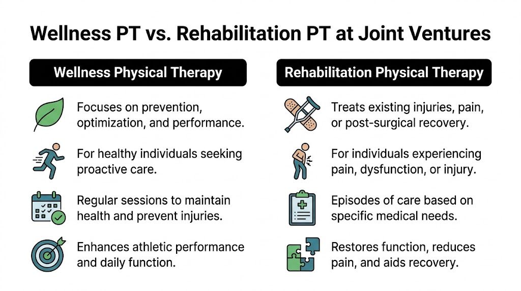 A comparison chart outlining the key differences between wellness physical therapy and rehabilitation physical therapy services.