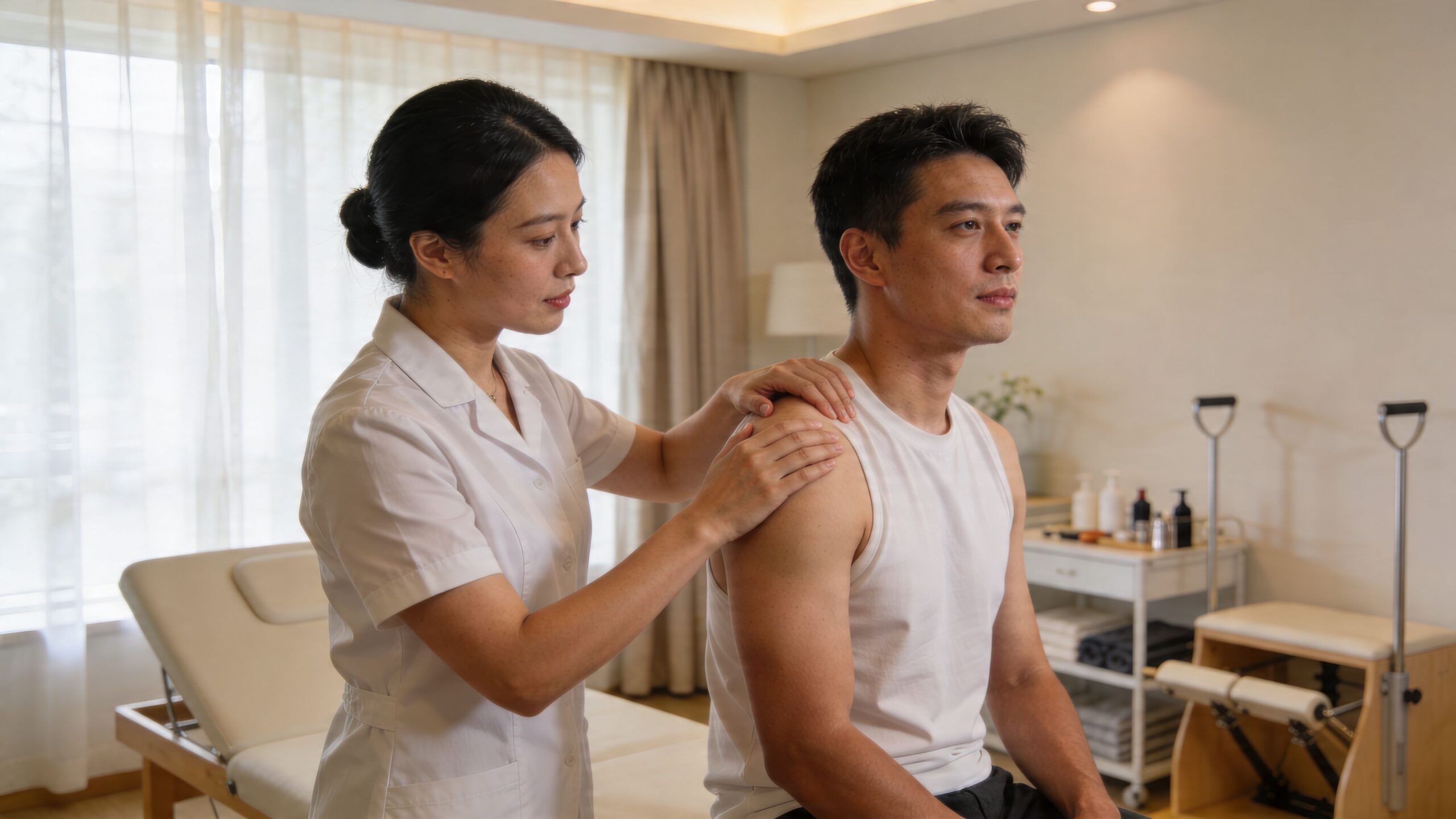 A professional physical therapist performing a shoulder massage on a patient during a rehabilitation session.