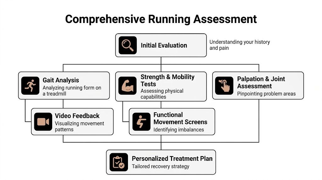 A flowchart detailing a comprehensive running assessment process including evaluation, gait analysis, and a personalized treatment plan.