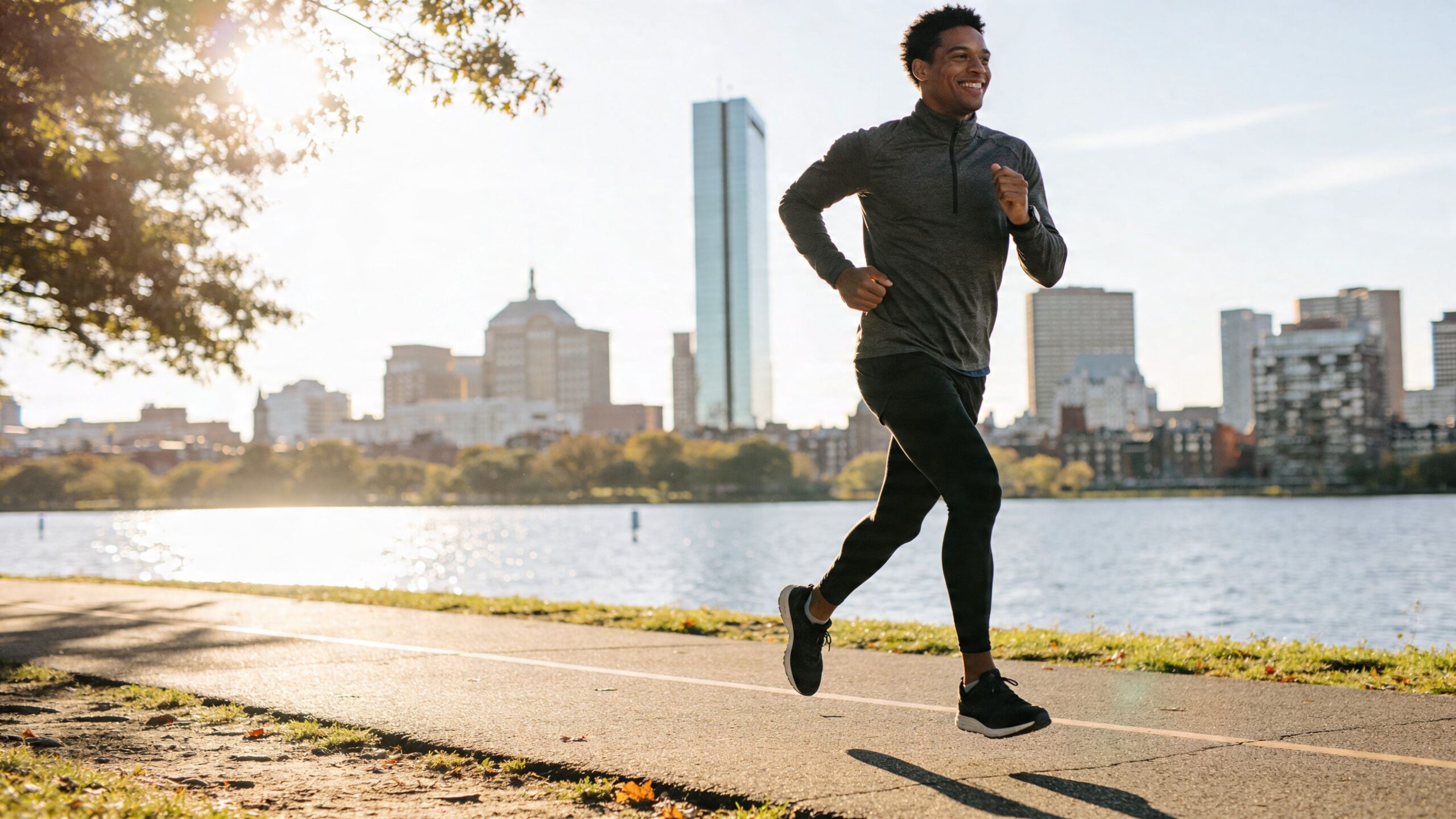 A happy young man jogging on a path along the Charles River with the Boston skyline behind.