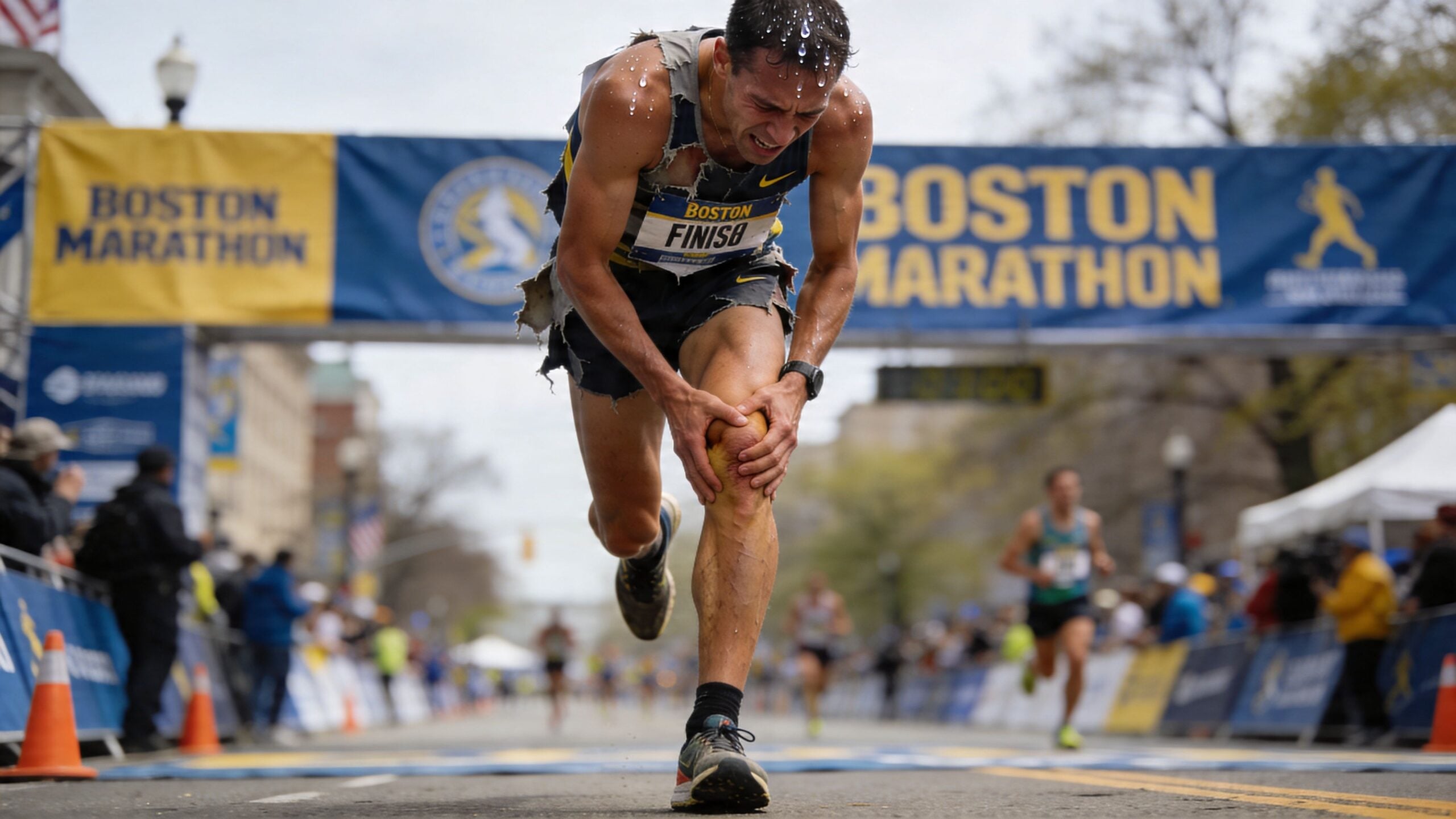 A exhausted marathon runner clutching his painful, swollen knee during the final stretch of the Boston Marathon race.