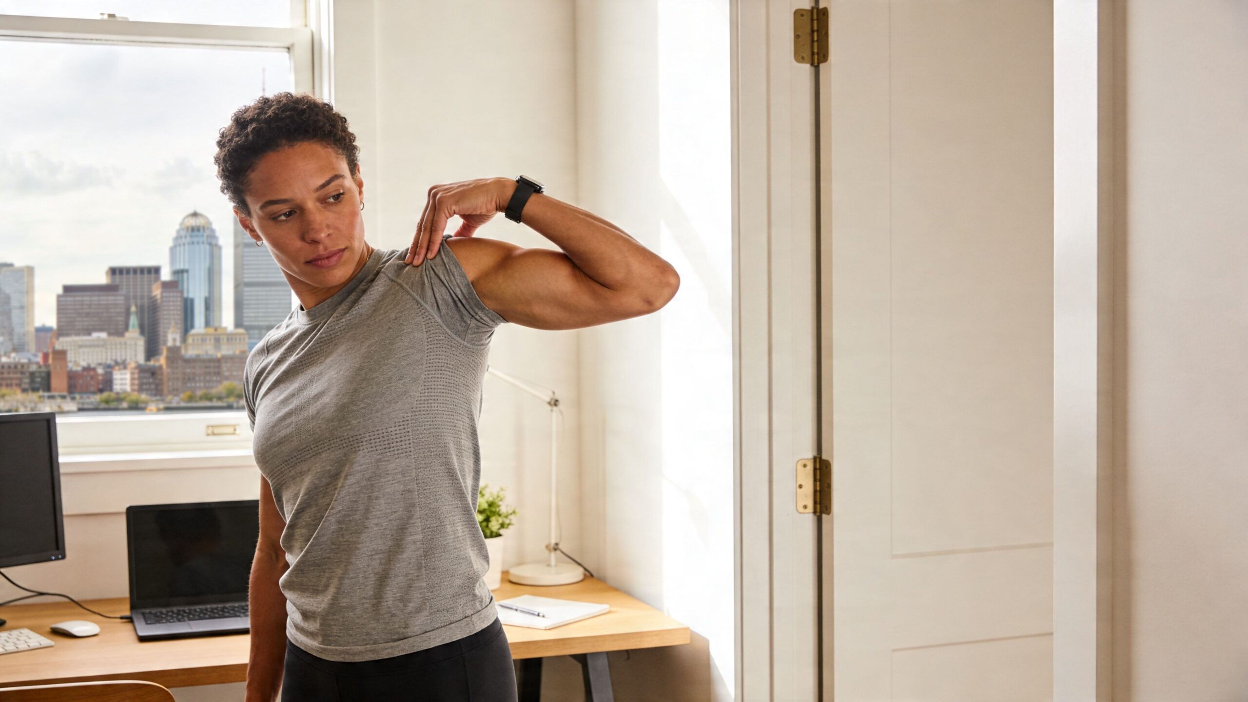 A fit person performing an arm and shoulder stretch in a bright office overlooking Boston.