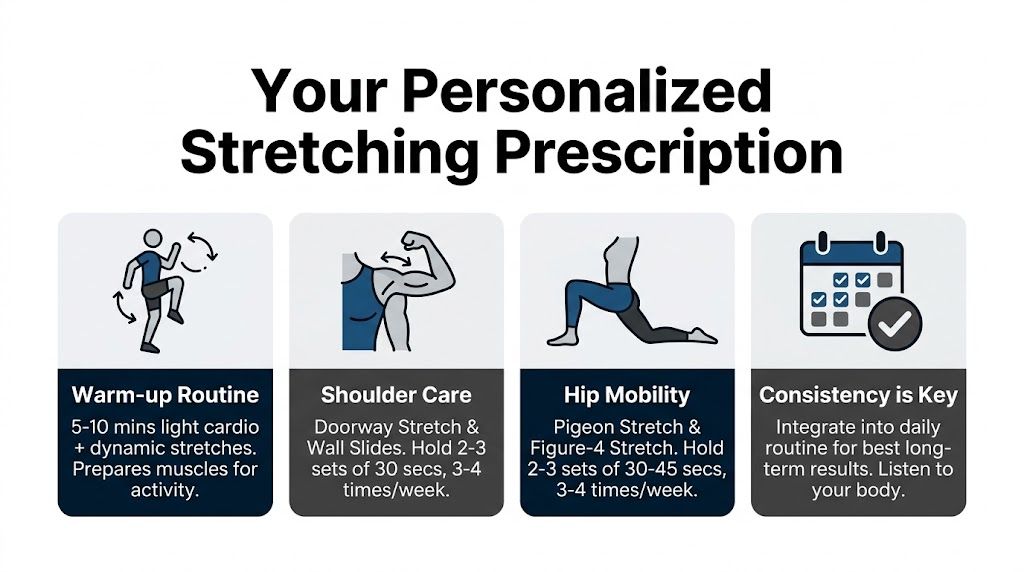 A visual guide titled Your Personalized Stretching Prescription showing routines for warm-up, shoulder care, and hip mobility.