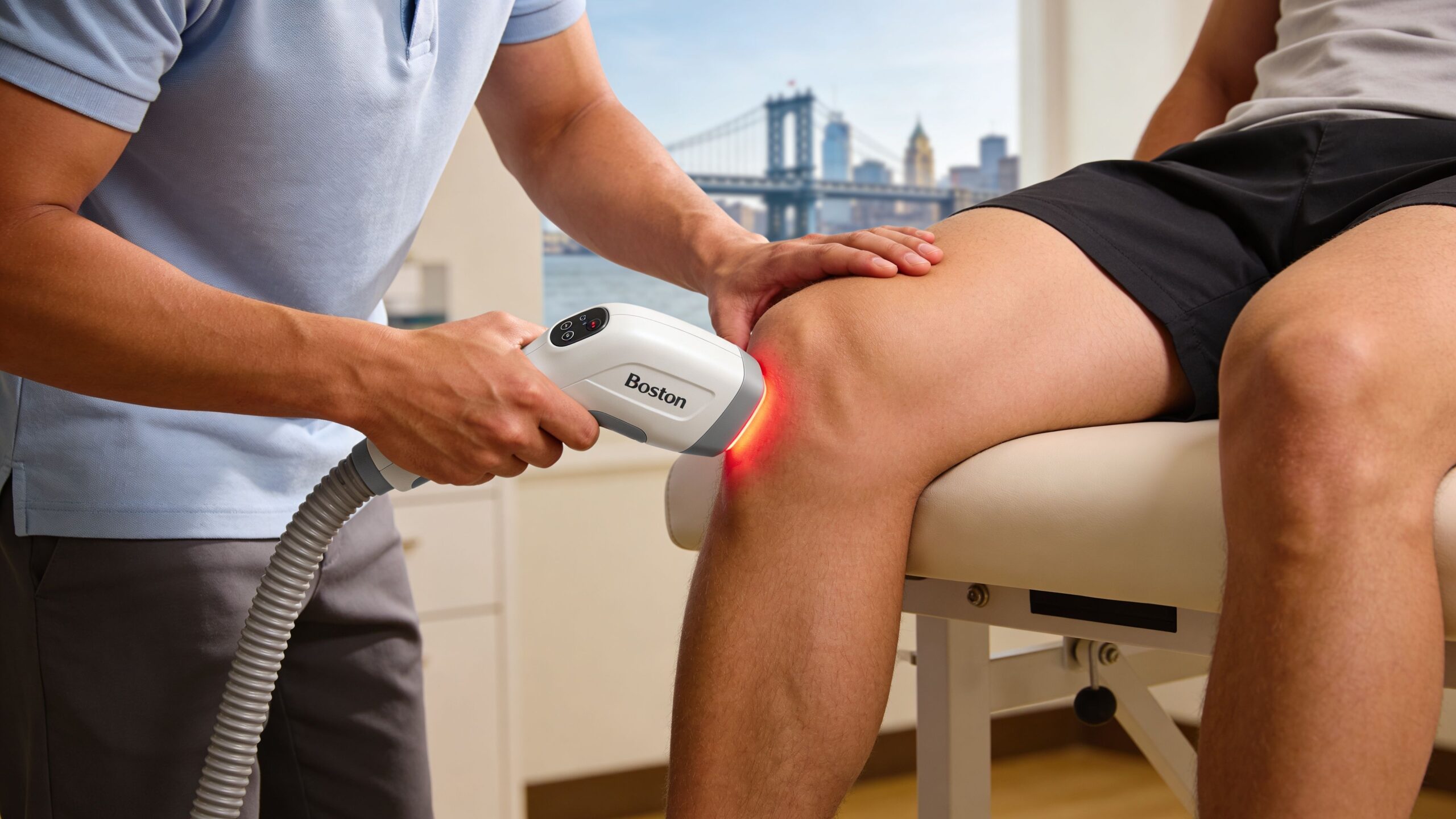 A therapist uses a laser therapy device on a patient's knee during a sports rehabilitation session in Boston.