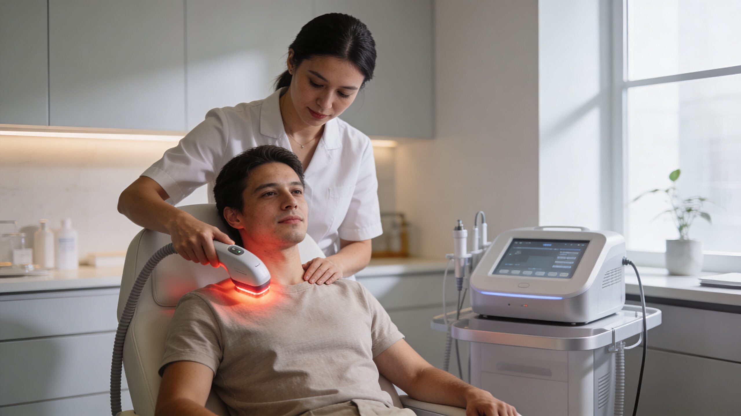 A professional therapist using a light therapy device on a patient's shoulder during a physical therapy session.