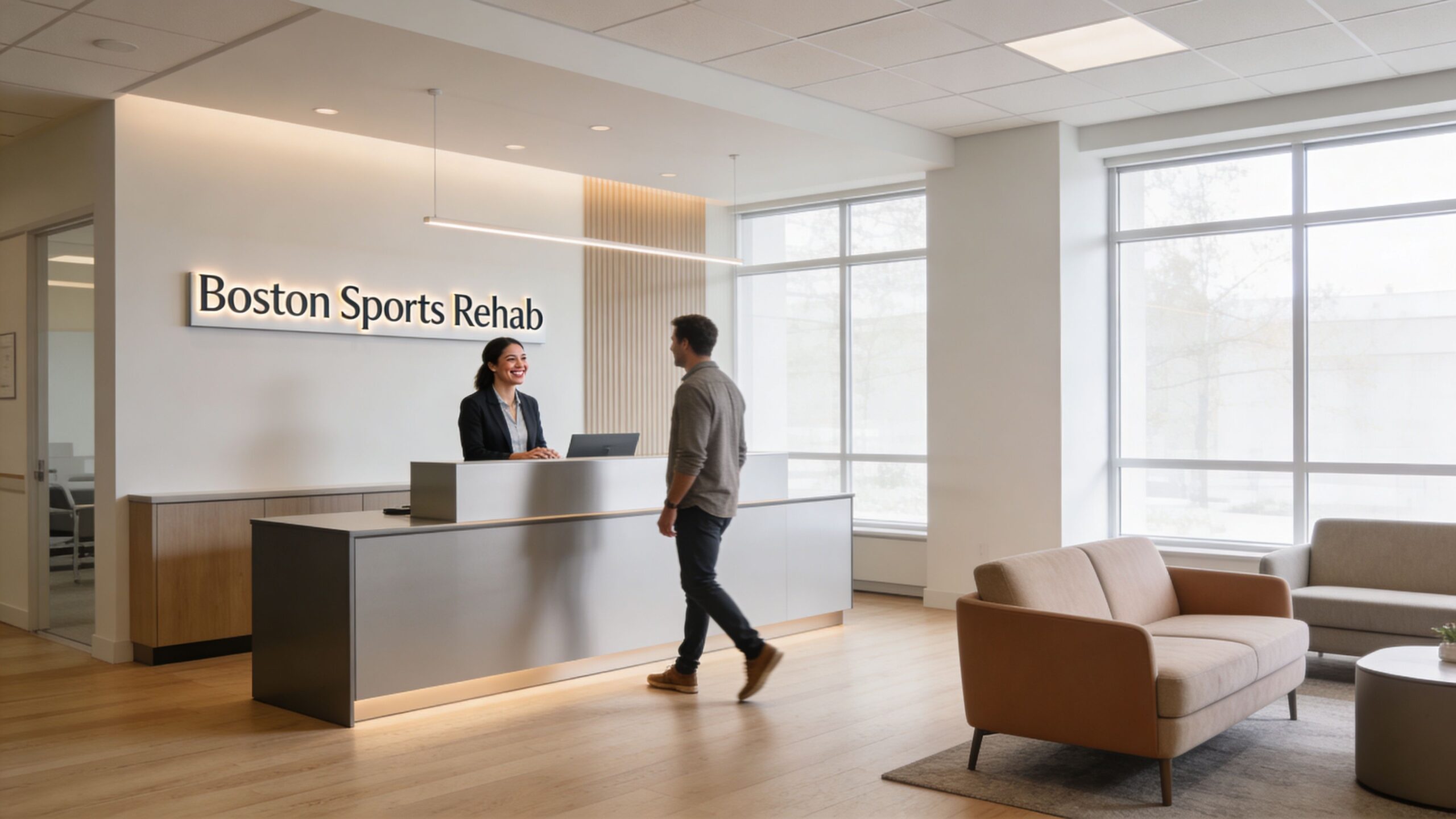 A friendly receptionist greets a patient at the front desk of a modern Boston sports rehab center.