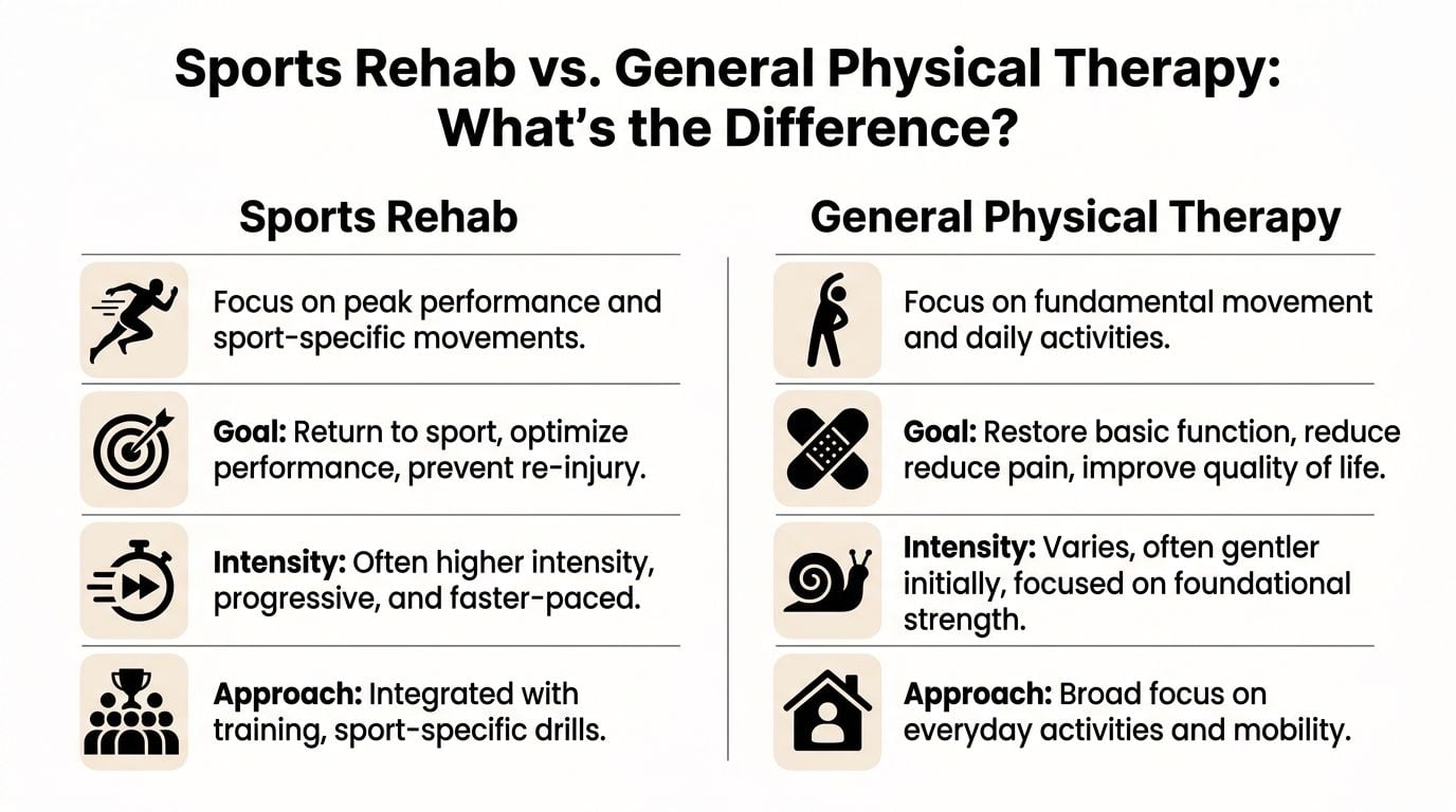 A comparison chart outlining the key differences between sports rehabilitation and general physical therapy practices.
