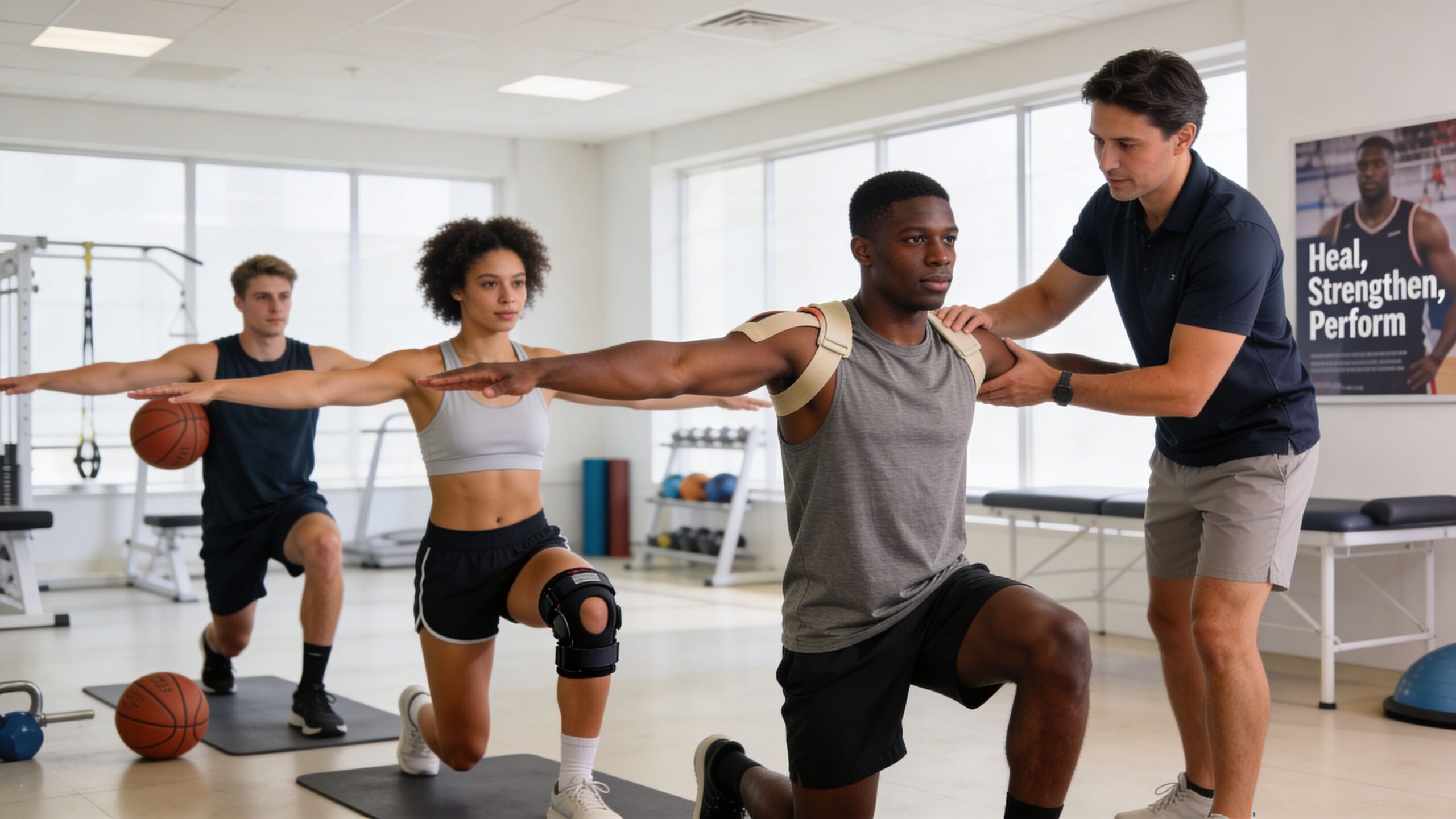 A physical therapist guiding two athletes during lunging exercises with arms extended in a rehabilitation gym.
