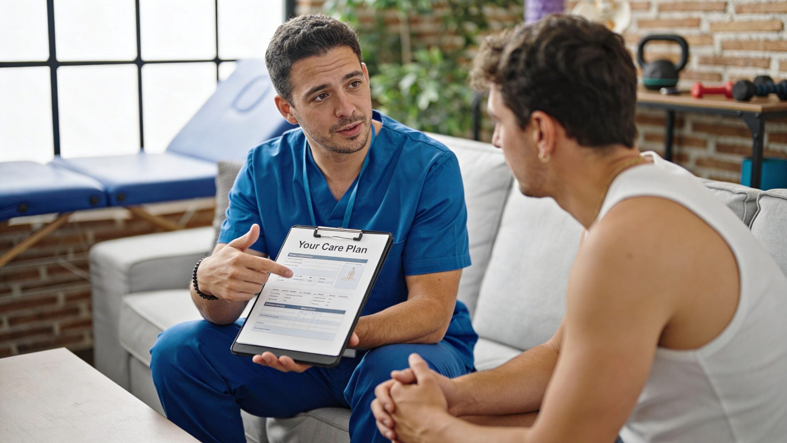 A male physical therapist in blue scrubs discusses a care plan with a patient in a clinic.