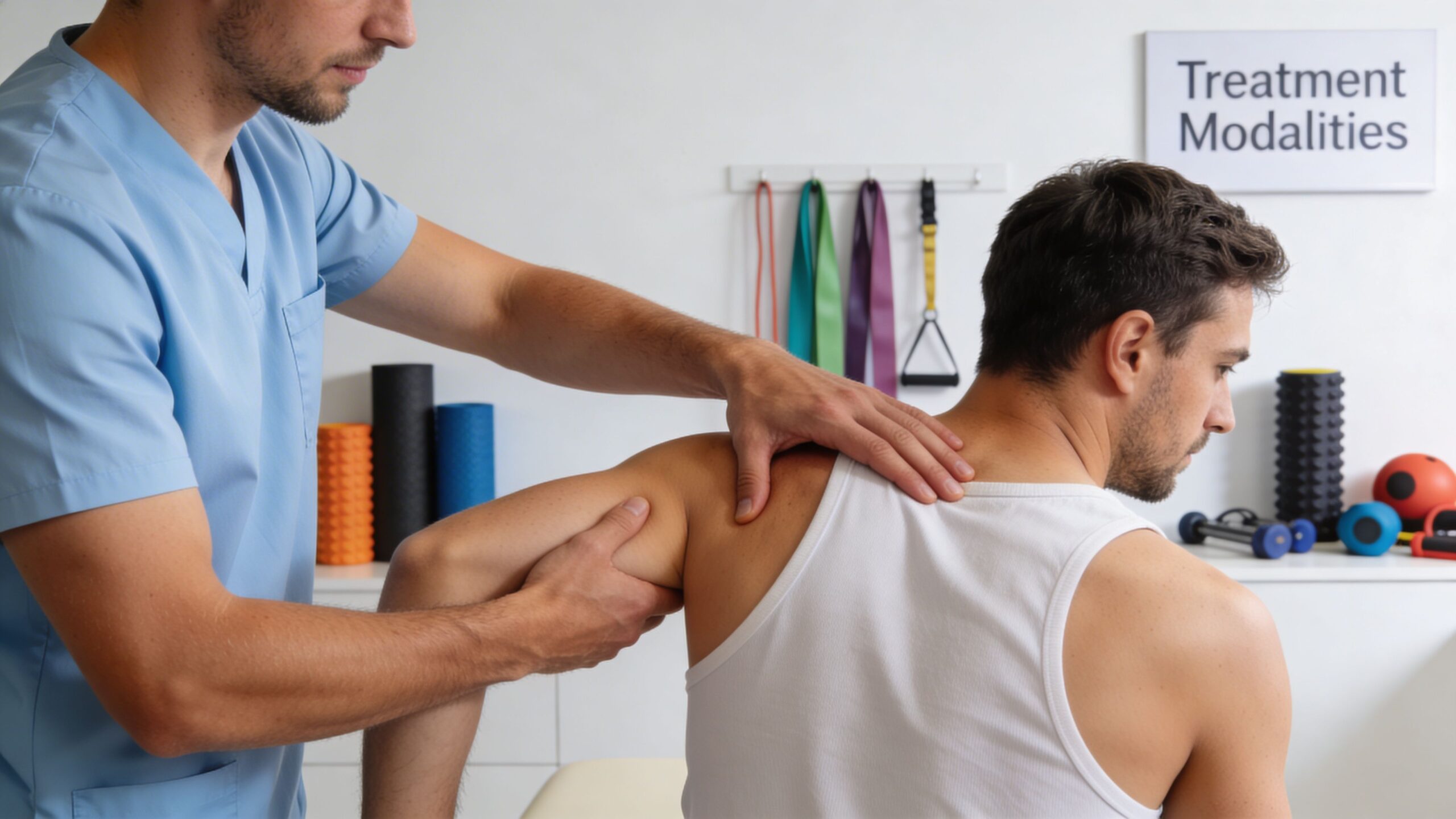 A male physical therapist performing a shoulder assessment and massage on a patient in a rehab clinic.