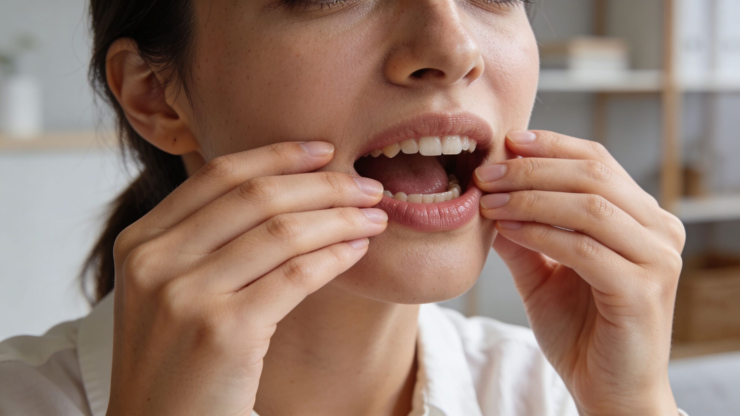 A young woman examining her teeth and mouth while holding her jaw during a dental consultation.