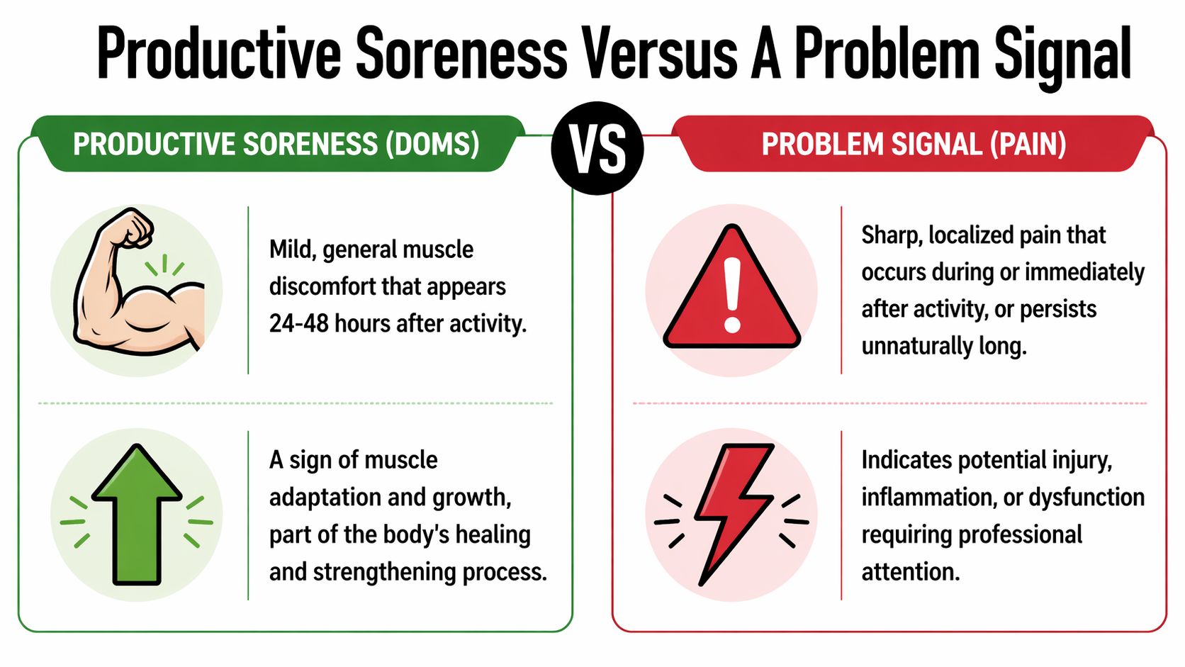 A comparison chart distinguishing between productive muscle soreness (DOMS) and potential injury pain signals after exercise.