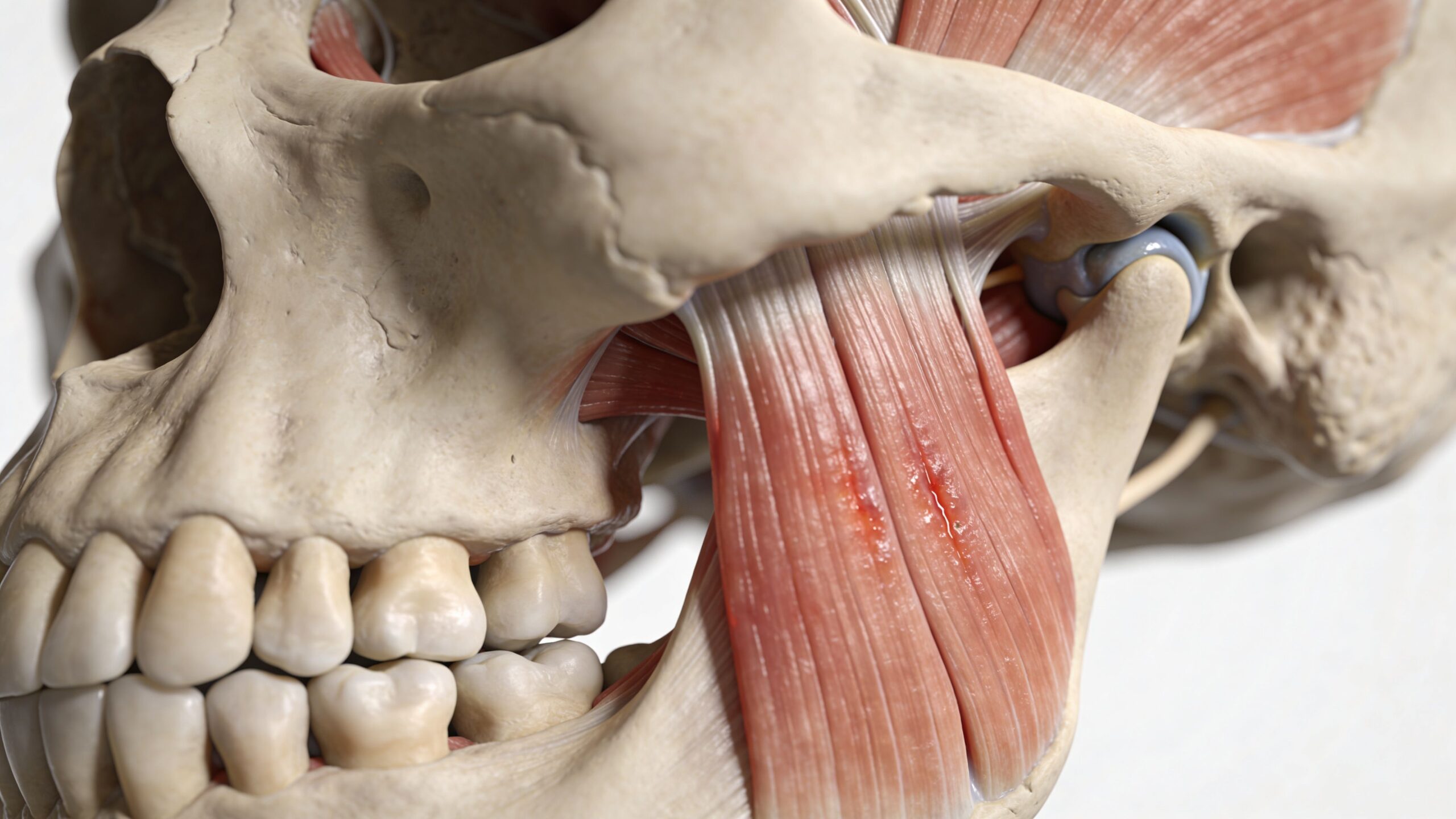 A detailed 3D anatomical model of the human skull focusing on the temporomandibular joint and facial muscles.