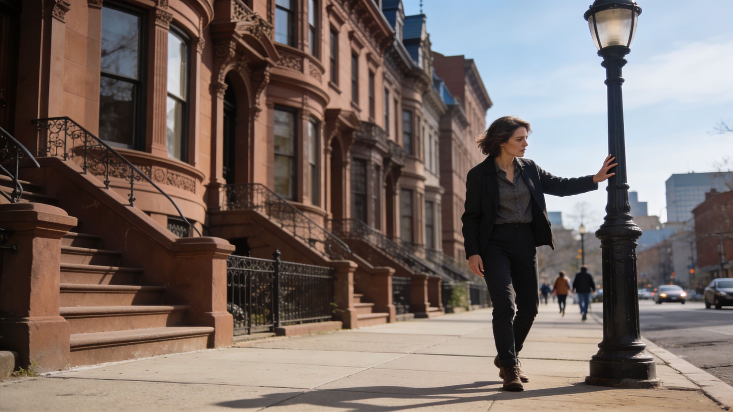 A person leans against a street lamp on a sidewalk lined with traditional brownstone apartment buildings in Boston.