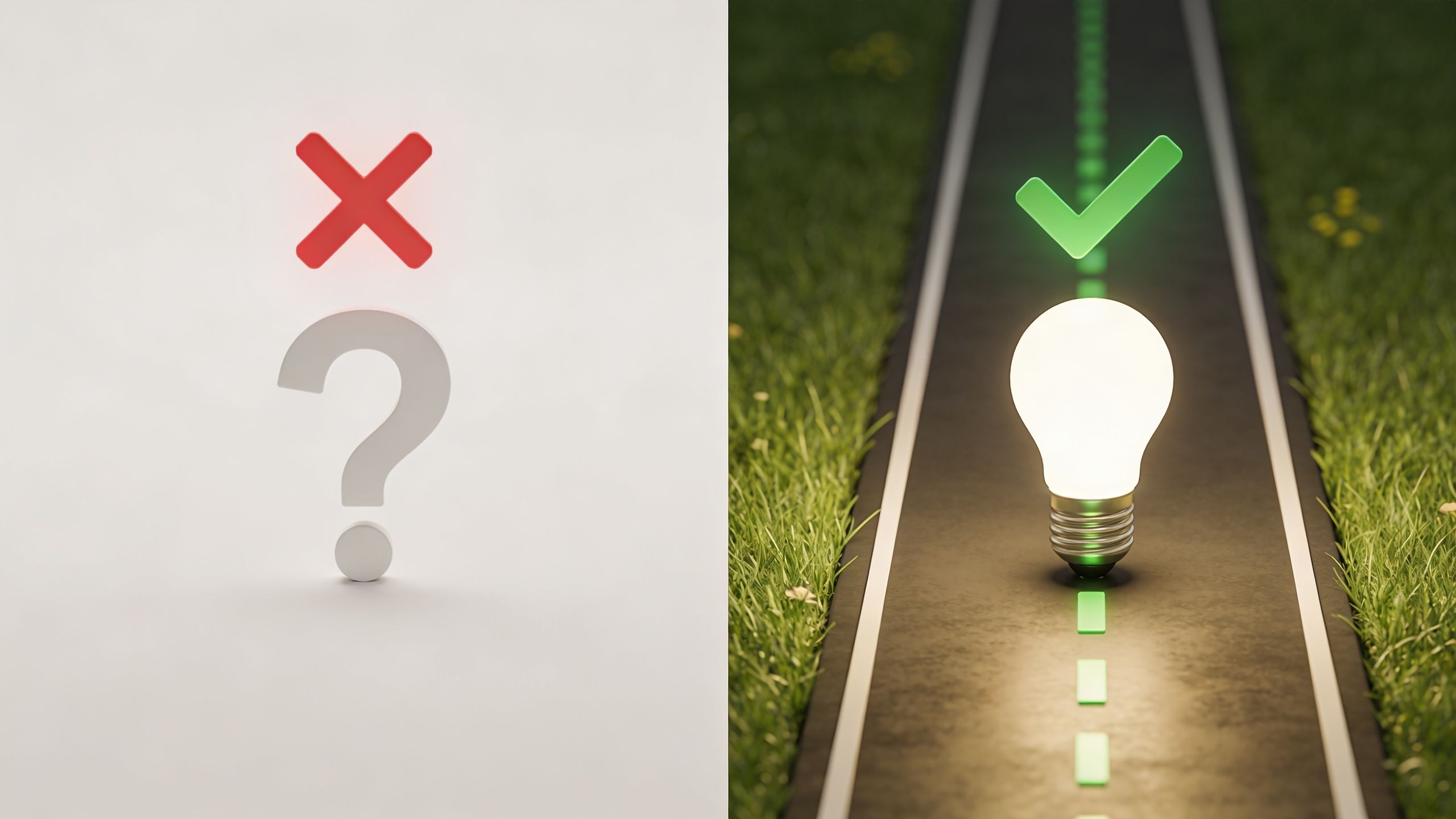 A split image contrasting an uncertain question mark under a red cross with a glowing lightbulb on a path.