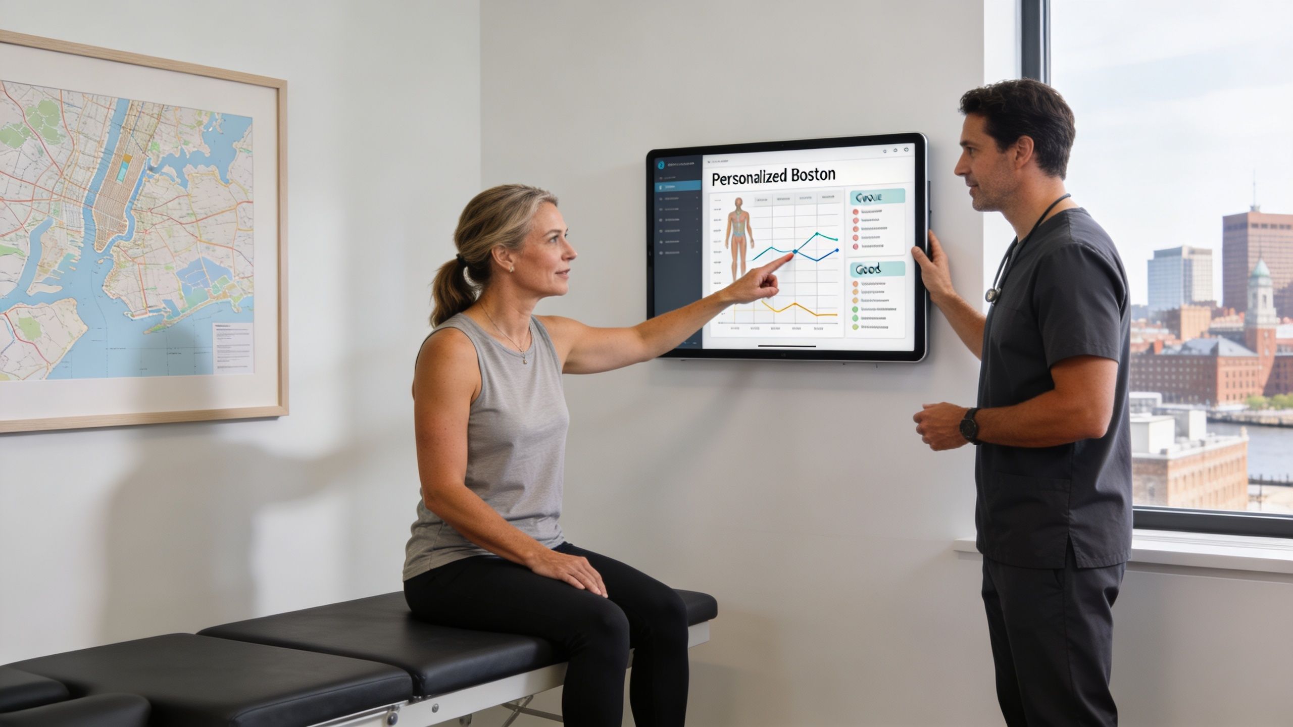 A physical therapist discusses personalized vestibular therapy results on a digital display with a female patient.