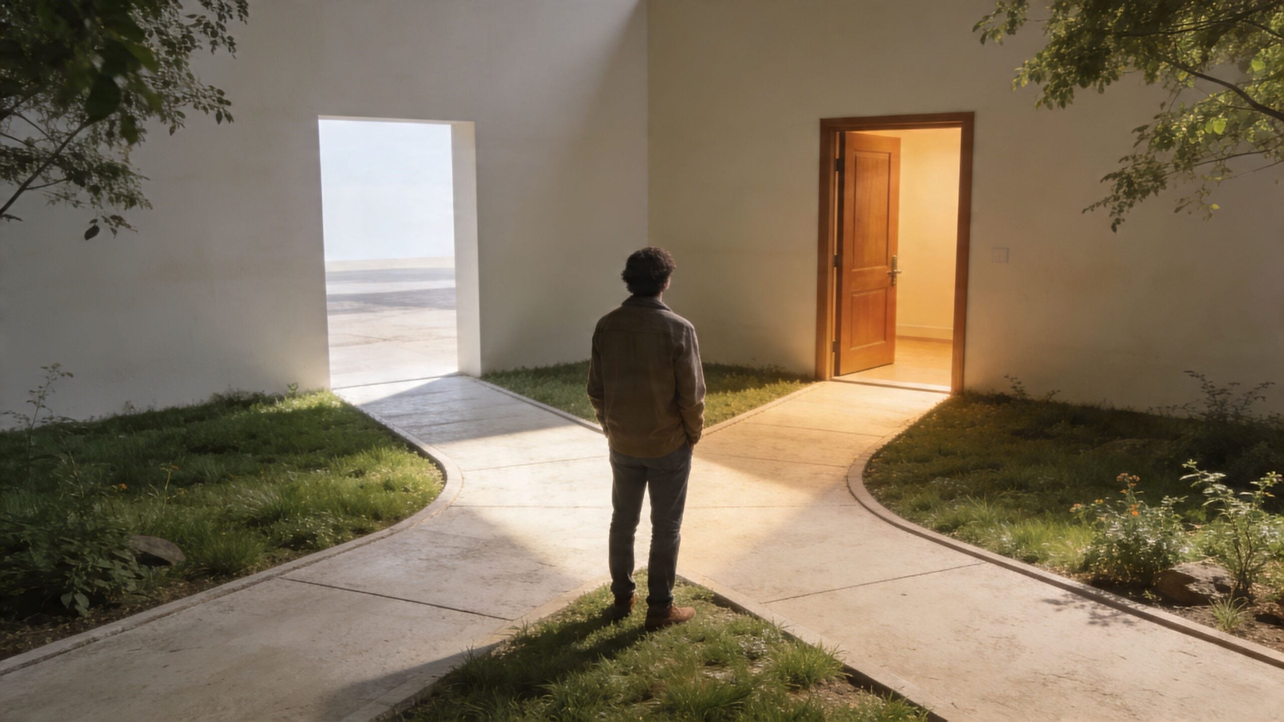A man stands at a crossroads choosing between an open door and a bright, outdoor gateway.