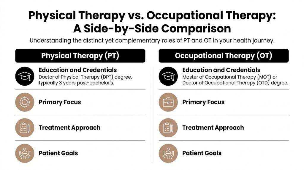 A comparison chart outlining the key differences between physical therapy and occupational therapy professions and focuses.