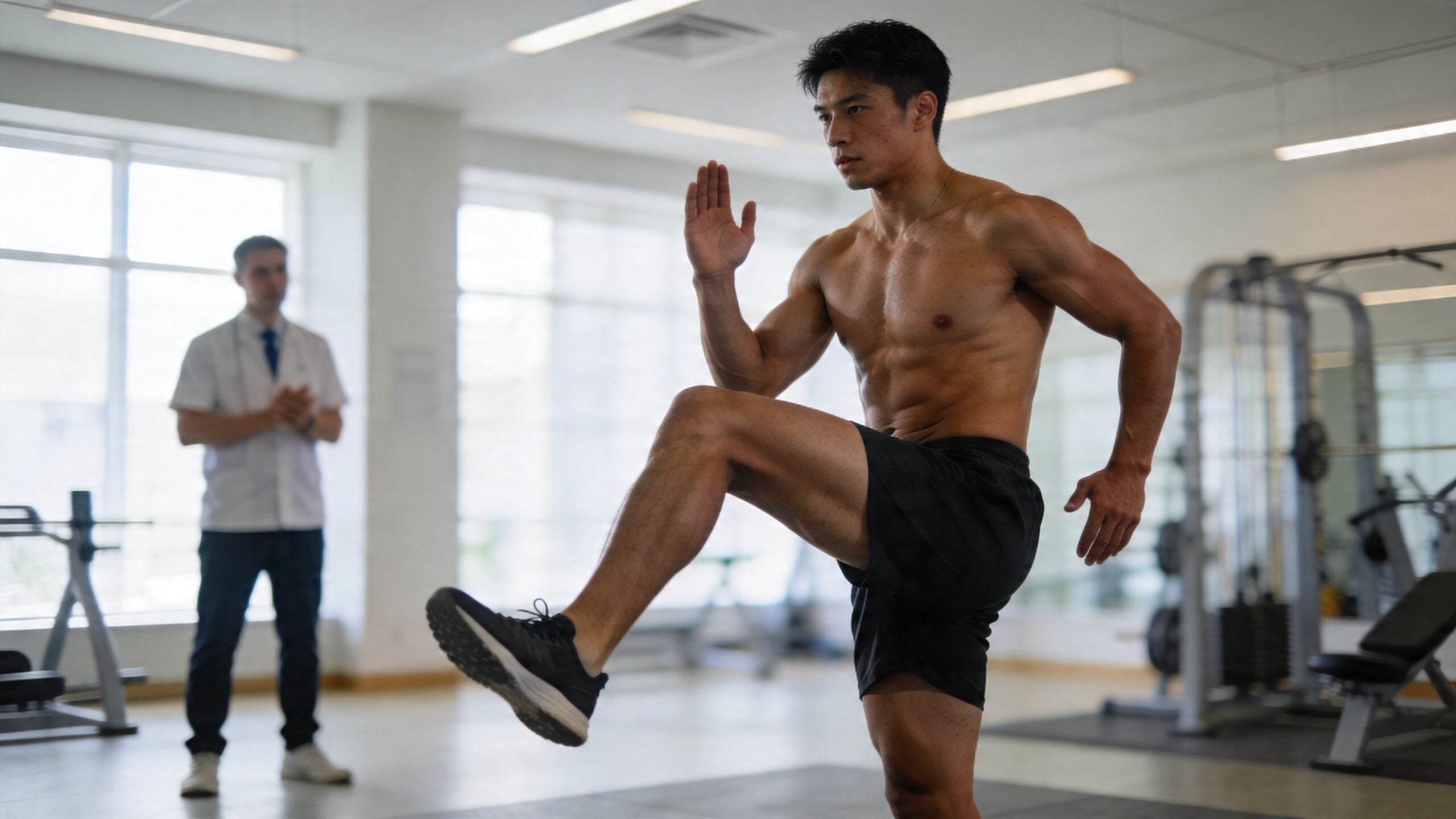 A shirtless athletic man performing a high knee exercise in a gym with a therapist watching nearby.