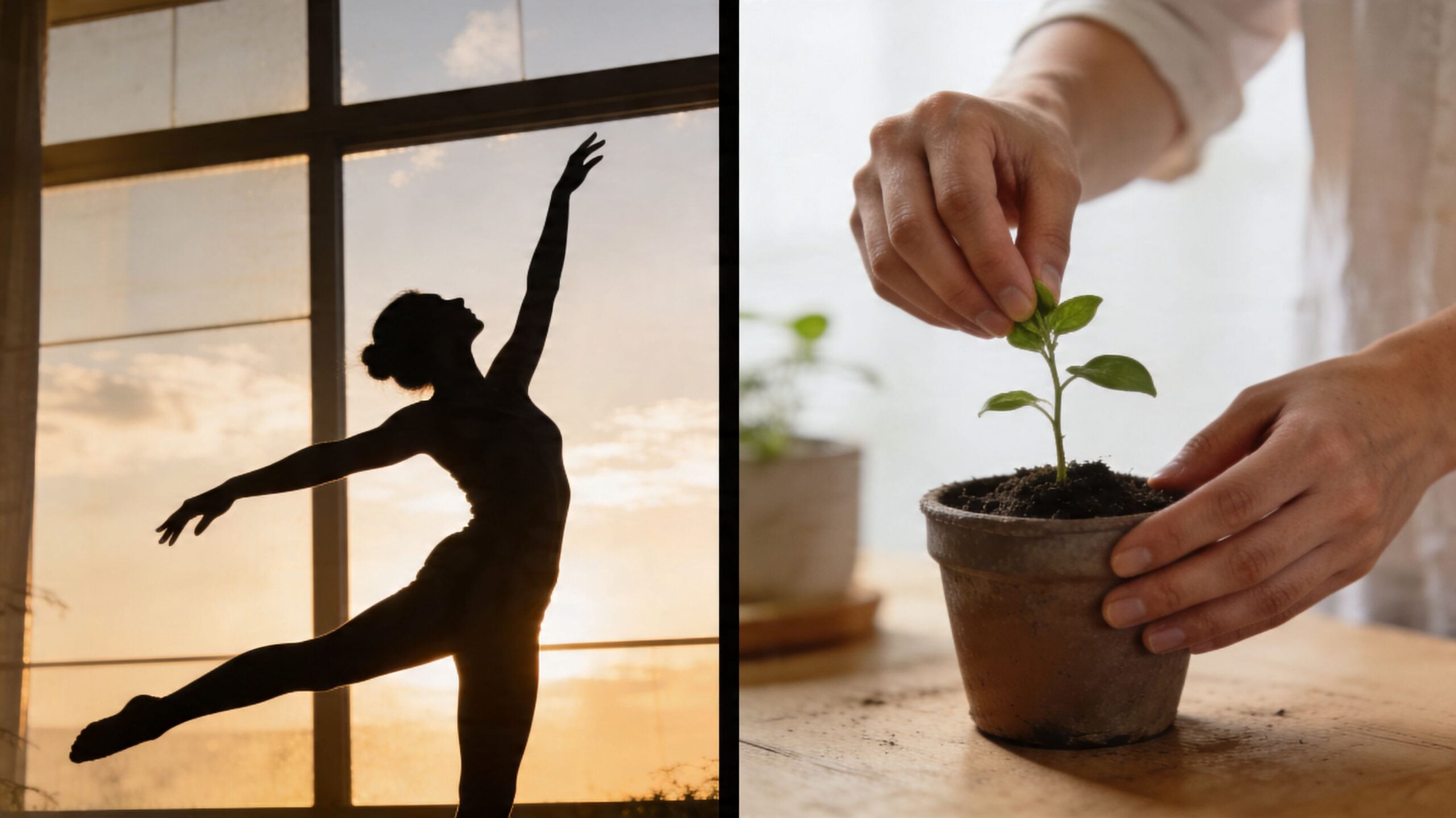 A split screen showing a person silhouetted dancing against a window and hands carefully tending a plant.