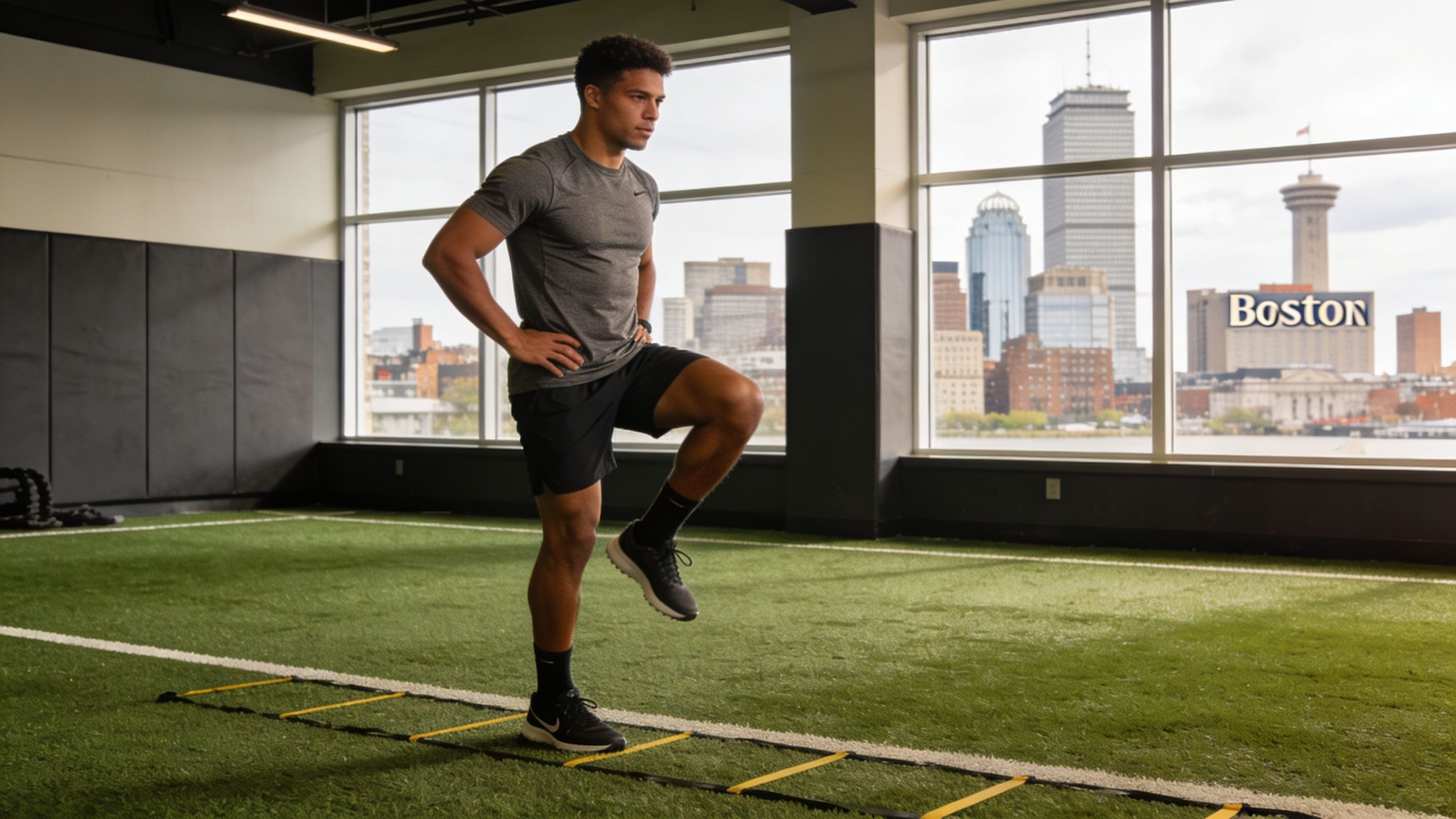 A male athlete performing balance training with a speed ladder in a gym overlooking Boston skyline.