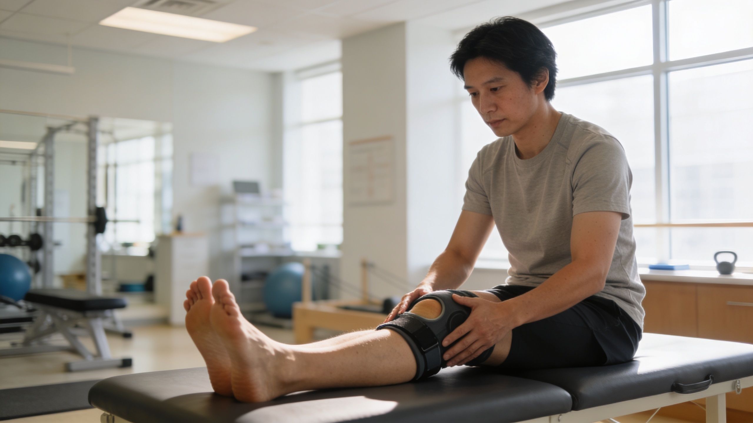 A man sitting on a therapy table, adjusting a brace on his injured knee after physical therapy.