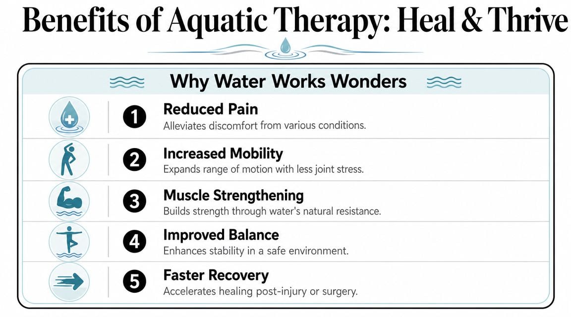 A list graphic titled Benefits of Aquatic Therapy outlining five health advantages of performing therapeutic water exercises.