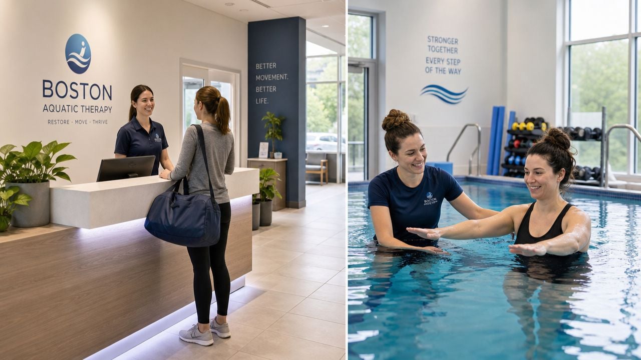 A split image showing a receptionist greeting a client and a therapist assisting a patient in a pool.