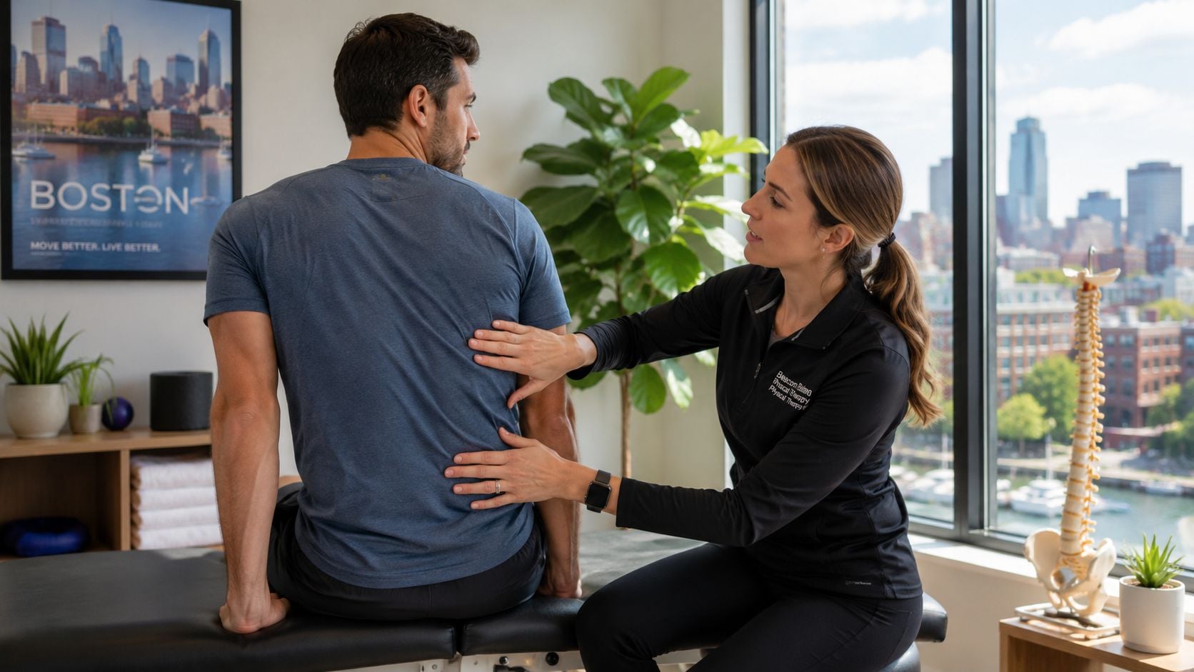 A female physical therapist examines a male patient's back in a bright office overlooking the Boston skyline.