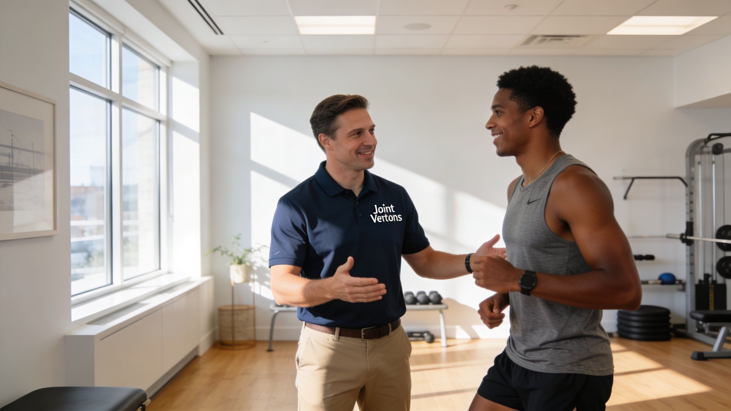 A professional physical therapist talking with a male patient during a workout session in a gym.