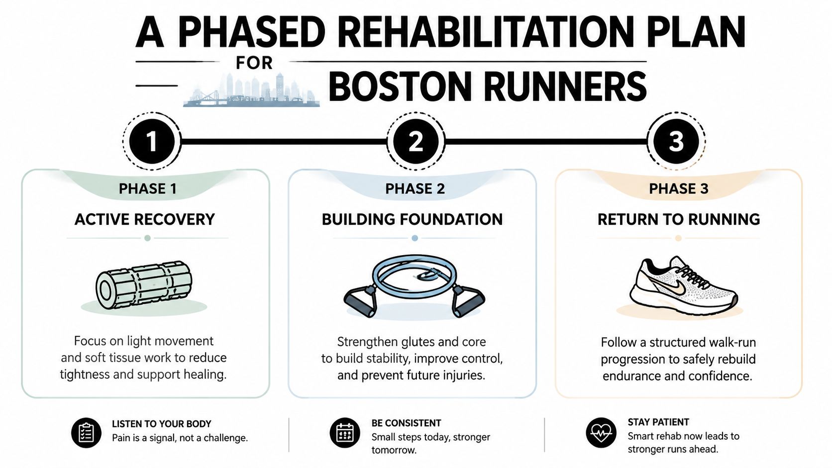 An infographic titled a phased rehabilitation plan for Boston runners outlining three stages of injury recovery.