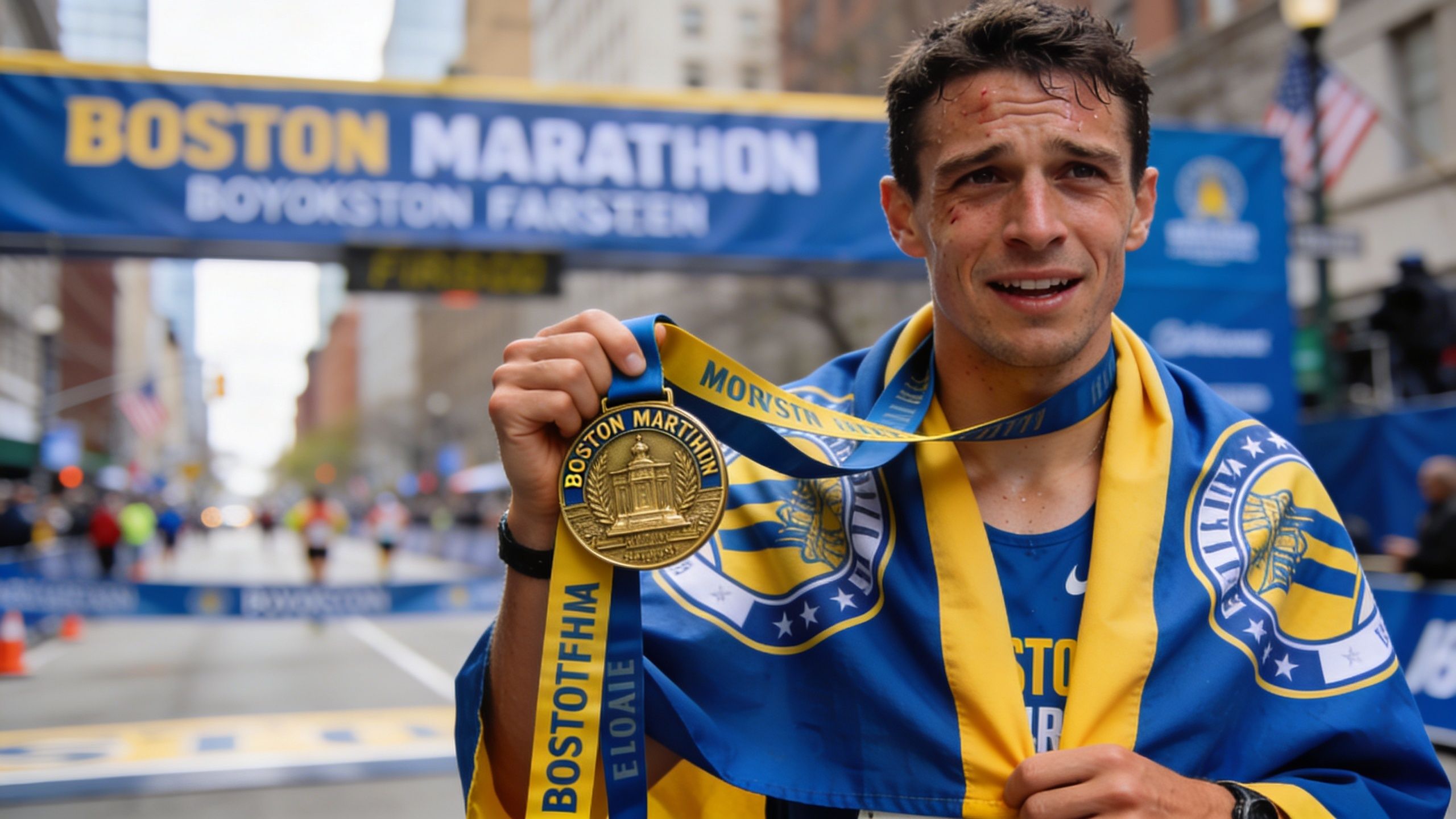 An injured runner wearing a medal and a Boston Marathon flag draped around his shoulders after a race.