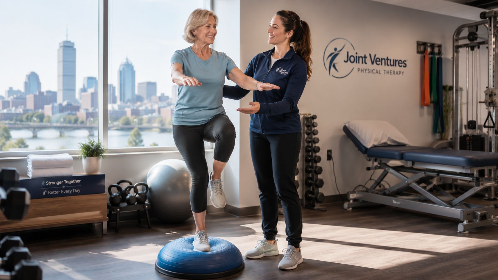 A physical therapist assists an older woman with balance exercises on a bosu ball in a clinic.