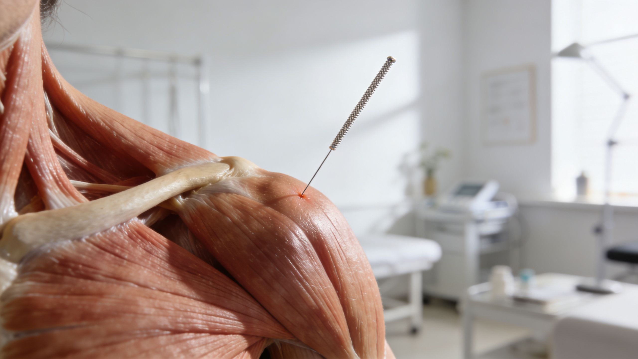 A close-up view of a medical dry needling procedure performed on a patient's shoulder muscle.
