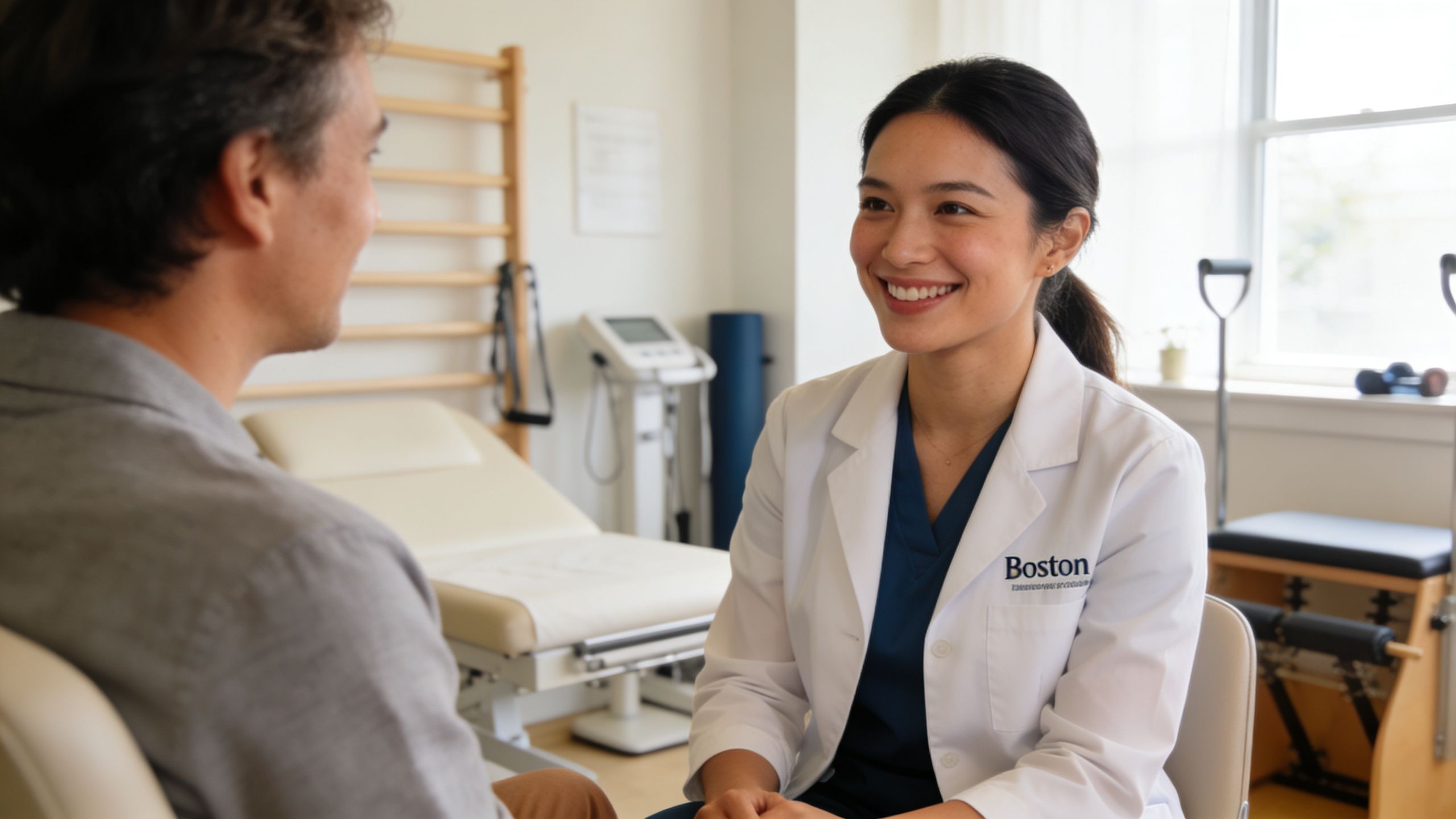 A smiling female healthcare provider in a white lab coat consulting with a patient in a clinic.