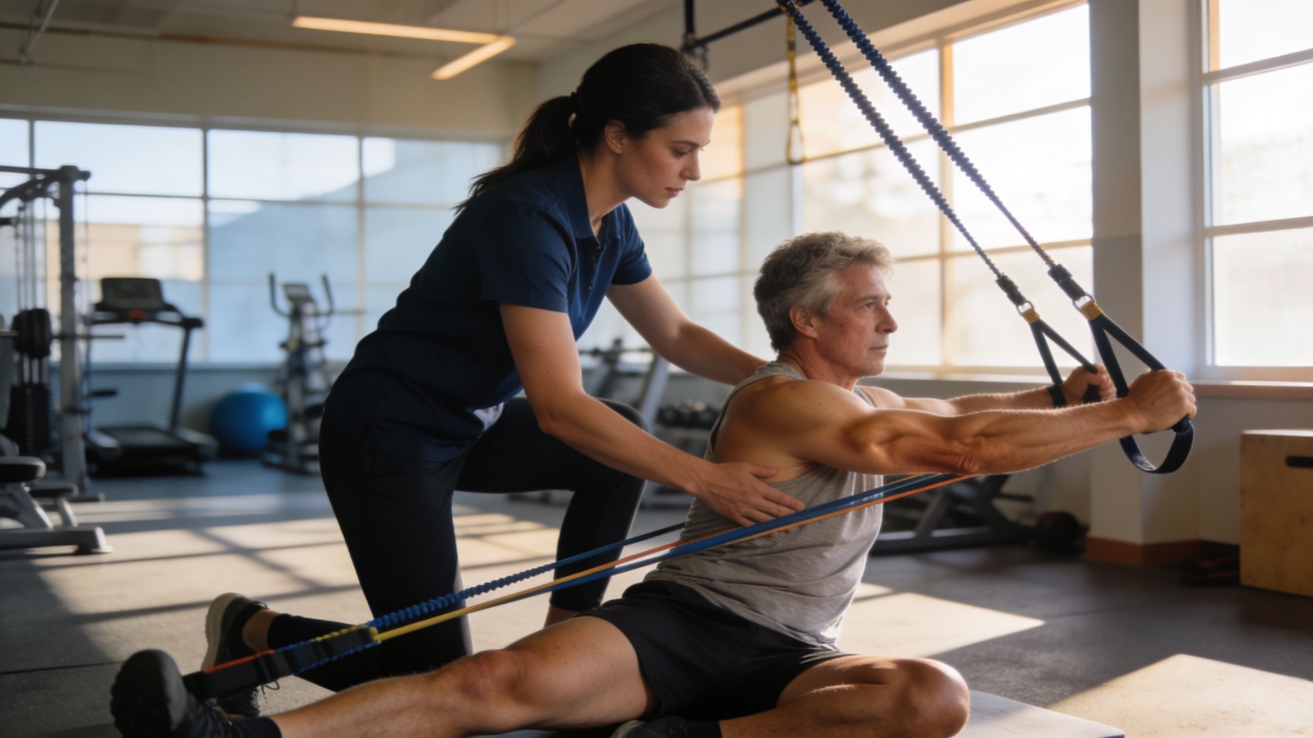 A professional physical therapist assists a senior man during a resistance band exercise in a gym.