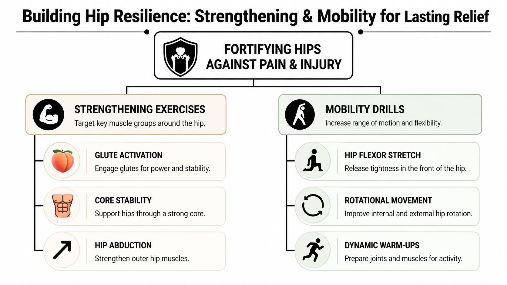 A visual guide illustrating strengthening exercises and mobility drills to help build hip resilience against pain.