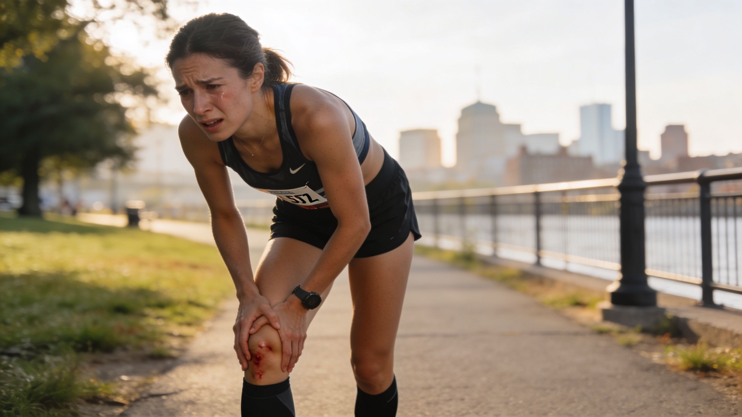 An injured female runner in pain holds her bloody knee after a fall while jogging in Boston.