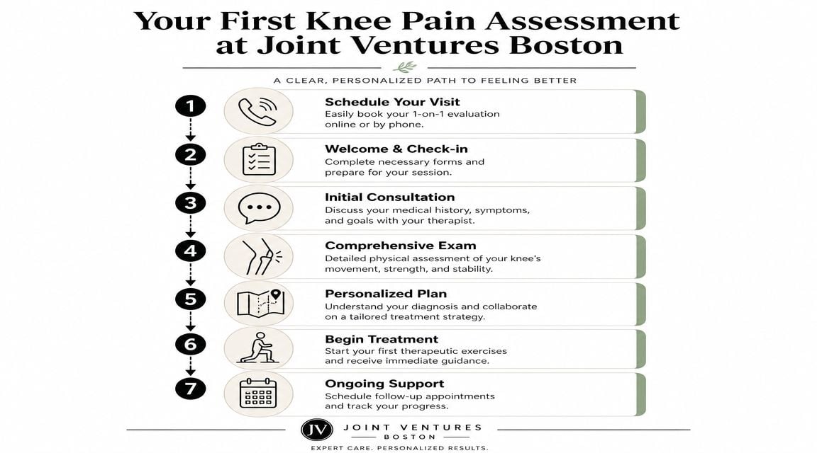 A step-by-step infographic showing the patient journey for knee pain assessments at Joint Ventures Boston clinic.