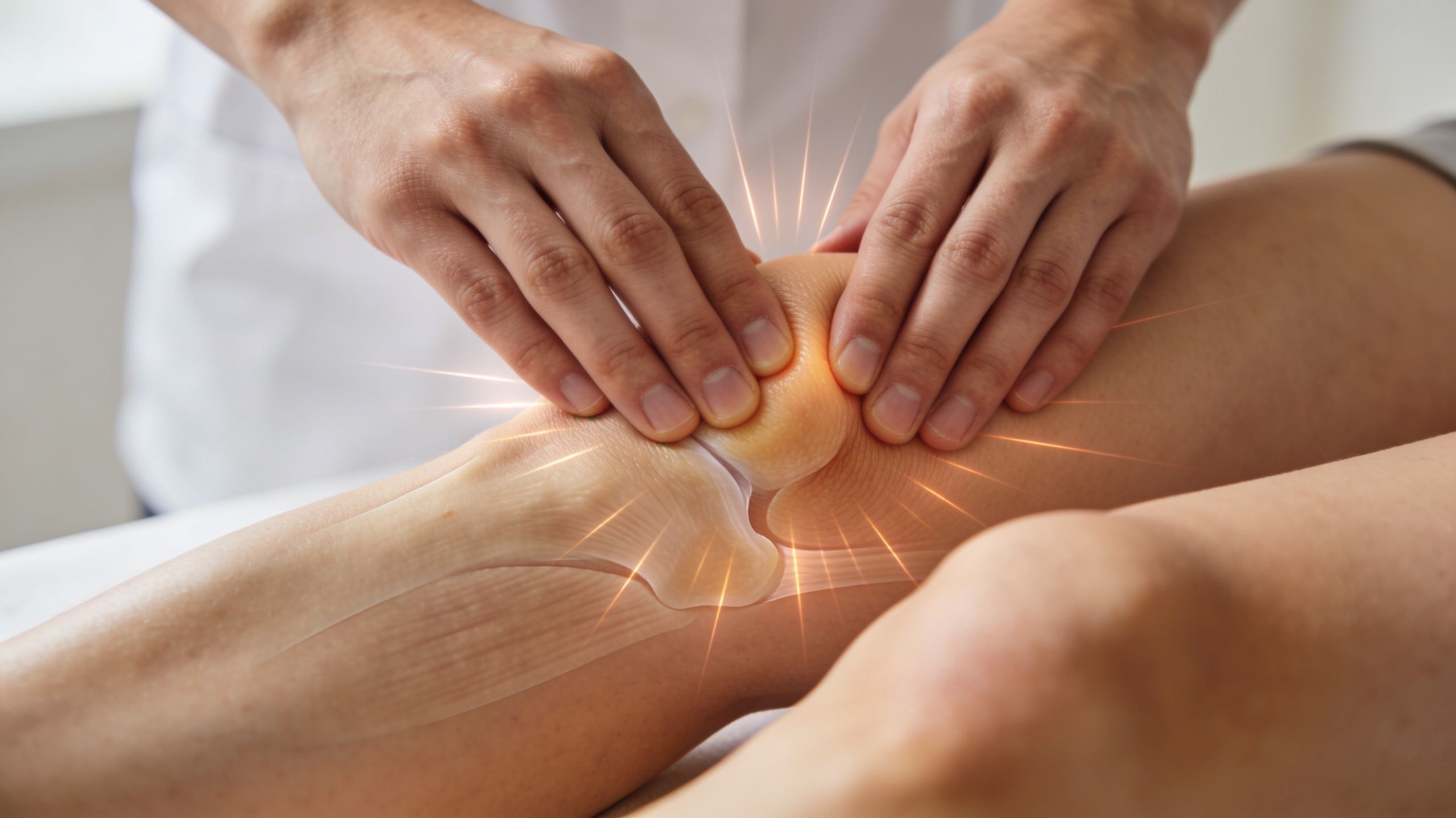 A physical therapist performing knee pain physical therapy massage on a patient's leg in a clinic.