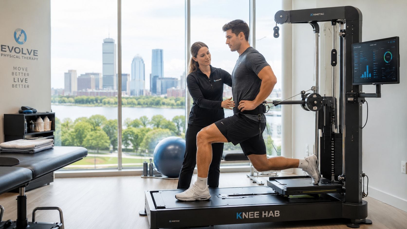 A physical therapist assists a male patient performing a lunge exercise on specialized knee rehabilitation equipment in Boston.