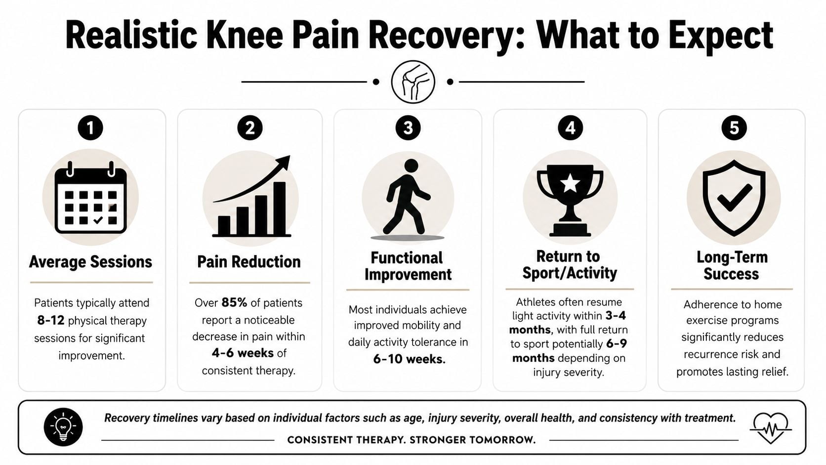 An infographic titled Realistic Knee Pain Recovery outlining five key stages of patient physical therapy outcomes.