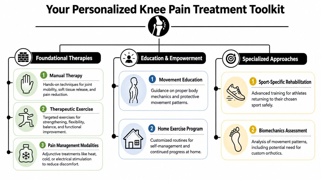 An infographic titled Your Personalized Knee Pain Treatment Toolkit outlining therapeutic strategies, educational empowerment, and specialized rehabilitation approaches.