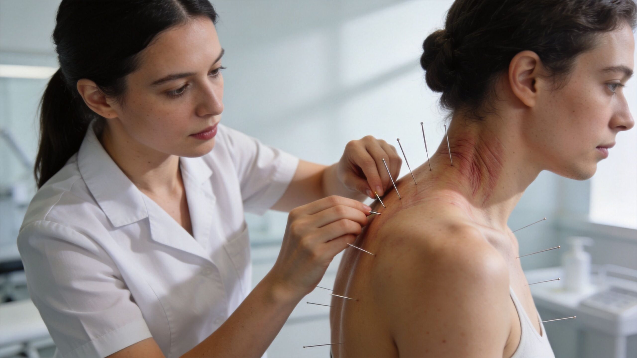 A professional physical therapist performs dry needling therapy on a patient's sore, reddened neck and shoulder area.