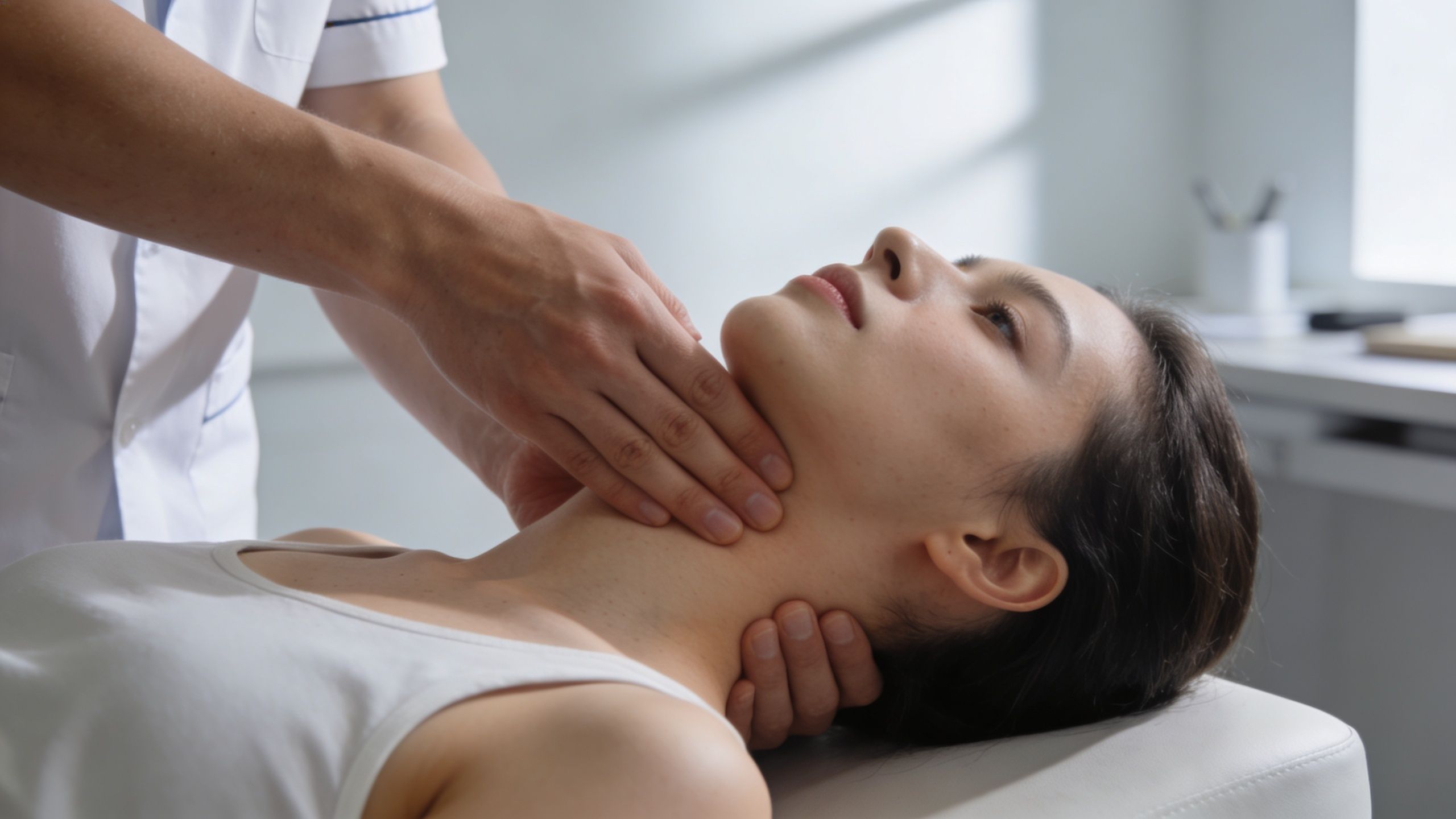 A physical therapist gently examines and palpates the neck of a female patient lying on an exam table.