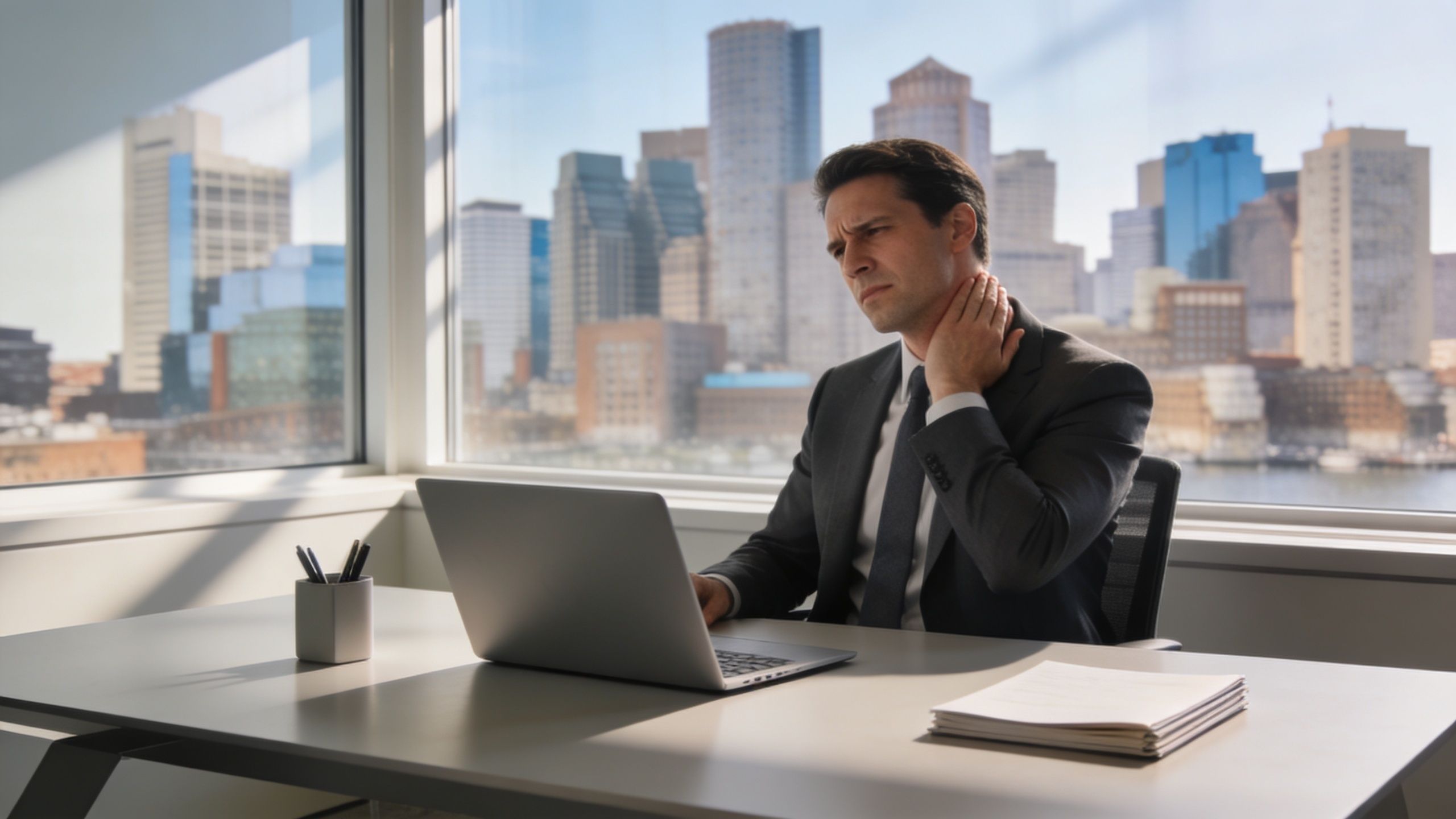A professional man in a suit rubbing his neck while working at his laptop in an office.