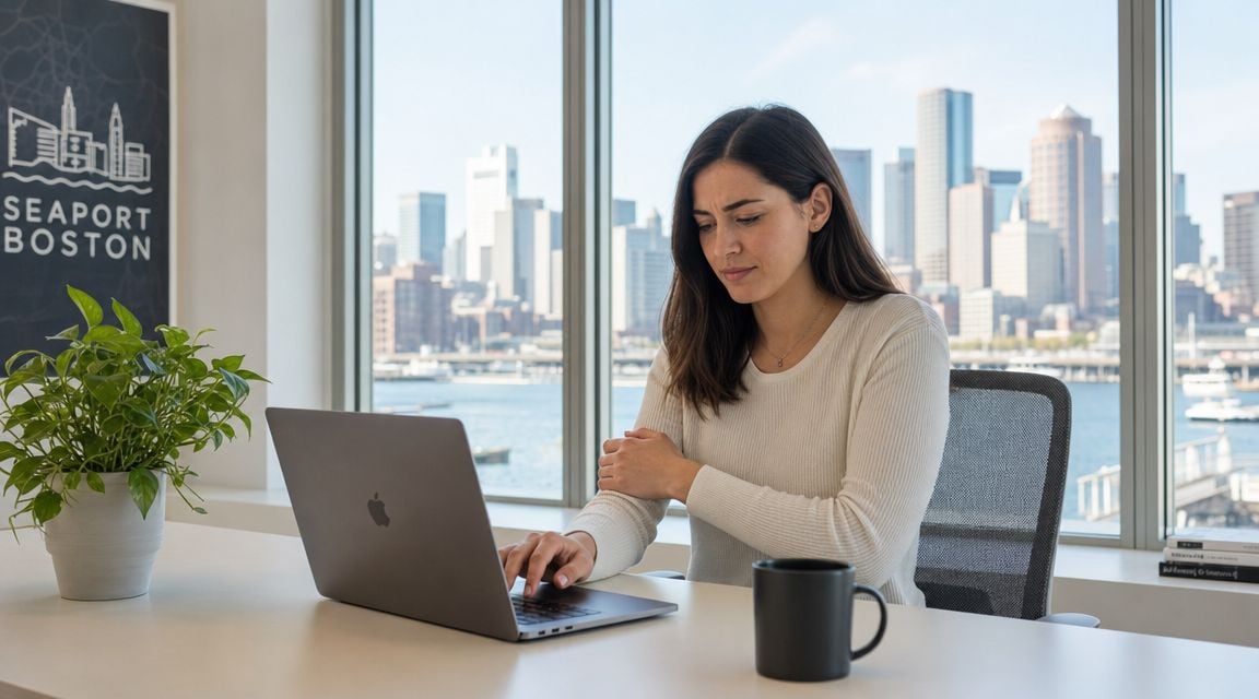A woman working on a laptop at a desk in a Boston office with a harbor view.